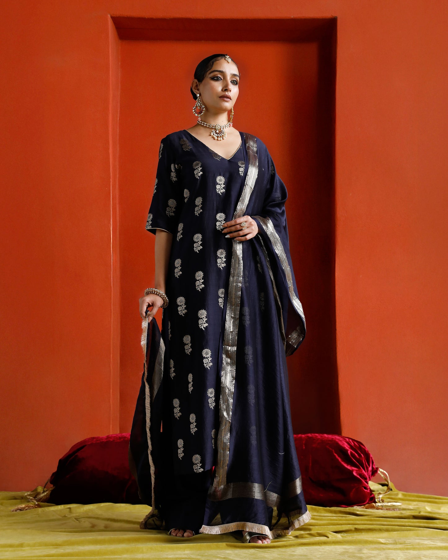 Midhnight Black Blue Pure Chanderi Floral Zari Buta Kurta