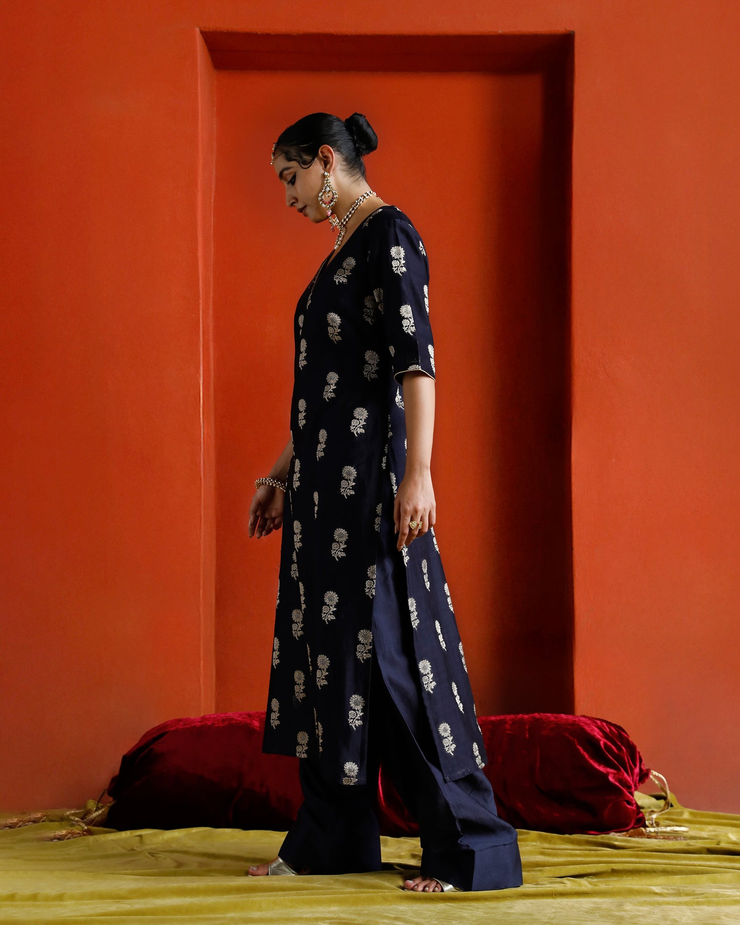 Midhnight Black Blue Pure Chanderi Floral Zari Buta Kurta