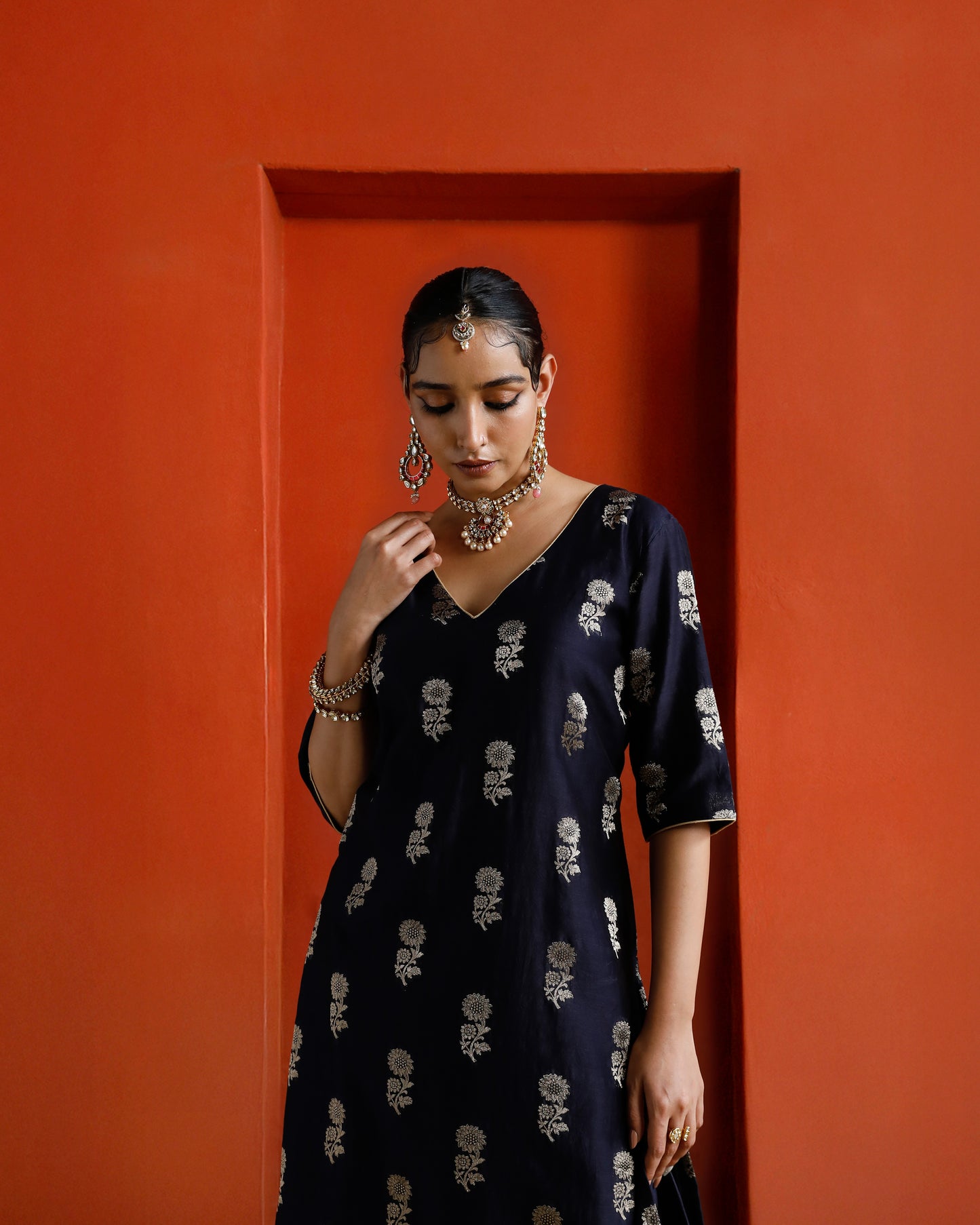 Midhnight Black Blue Pure Chanderi Floral Zari Buta Kurta