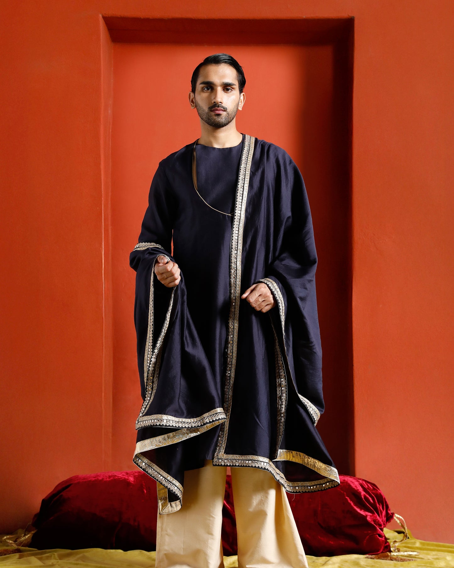 Midnight Blue Pure Chanderi Lohi With Lace Border