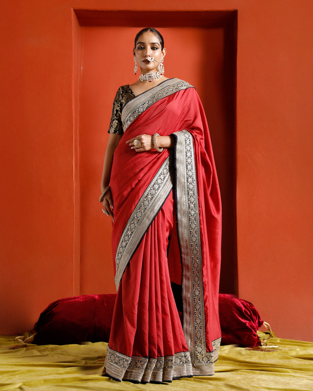 Red Pure Chanderi Saree With Black And Gold Border