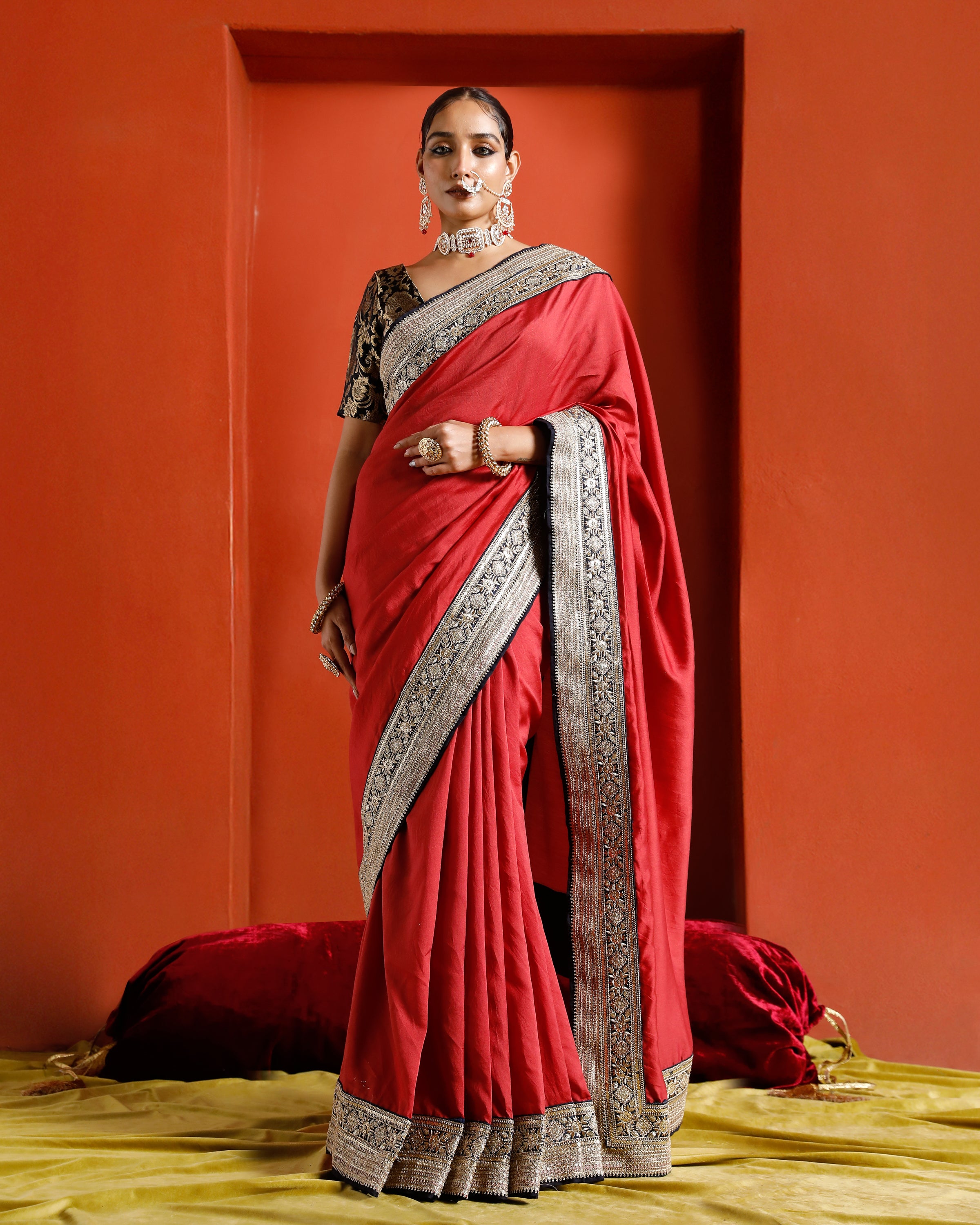 Red Pure Chanderi Saree With Black And Gold Border