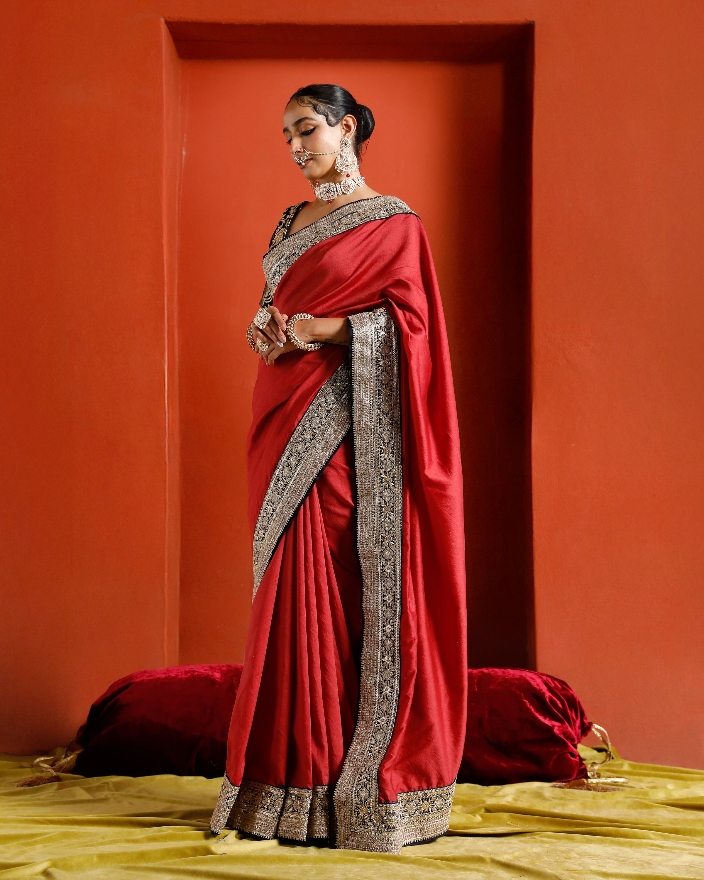 Red Pure Chanderi Saree With Black And Gold Border