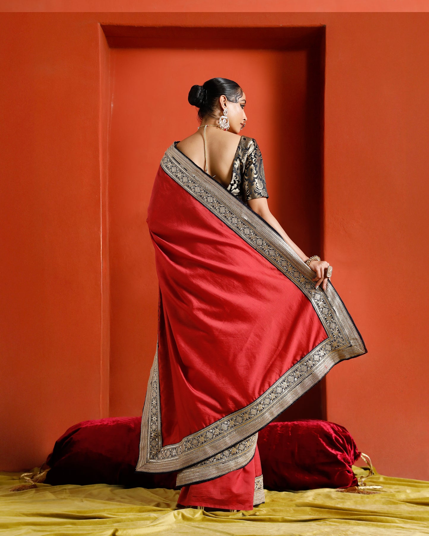 Red Pure Chanderi Saree With Black And Gold Border