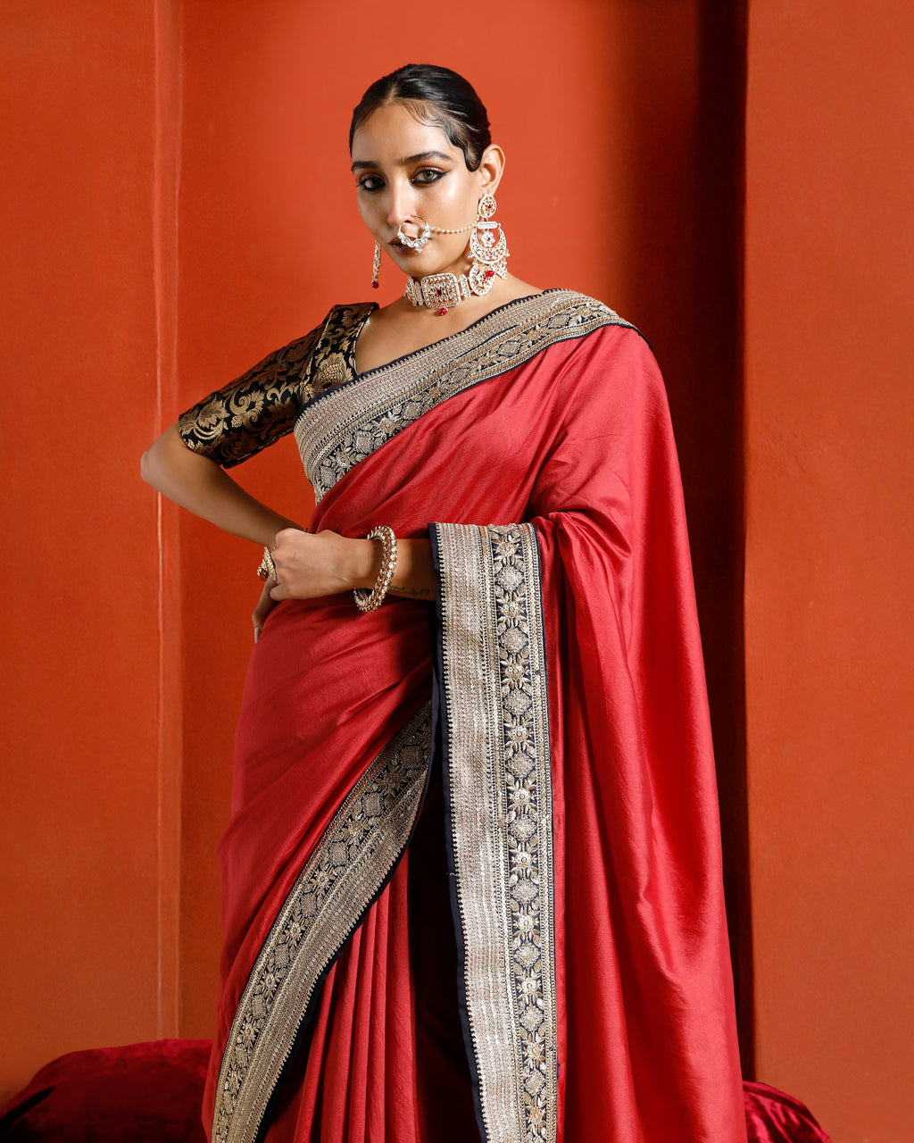 Red Pure Chanderi Saree With Black And Gold Border