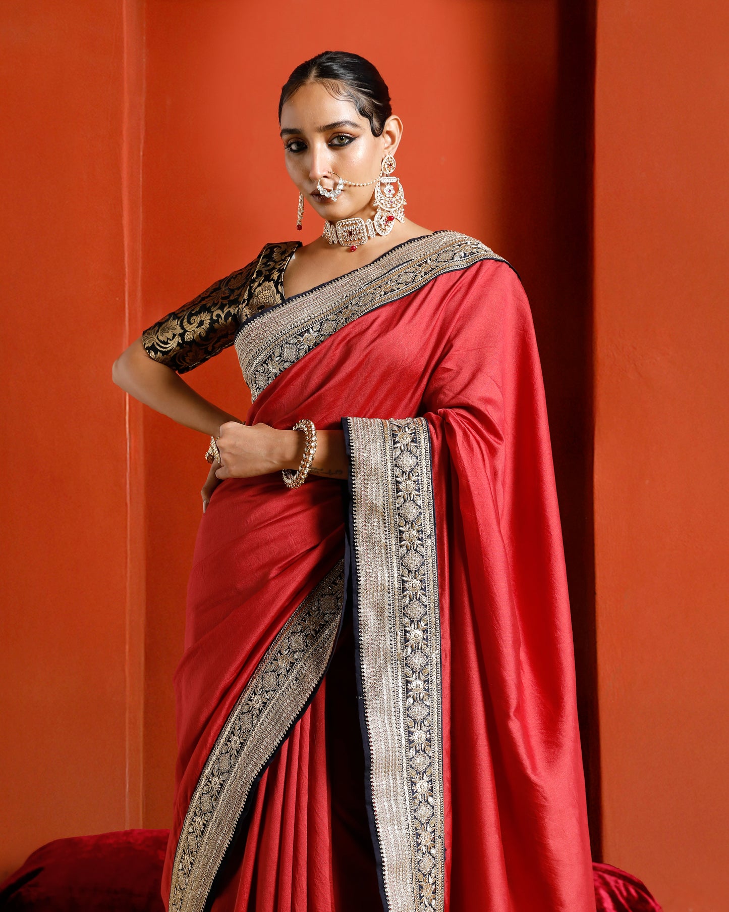 Red Pure Chanderi Saree With Black And Gold Border