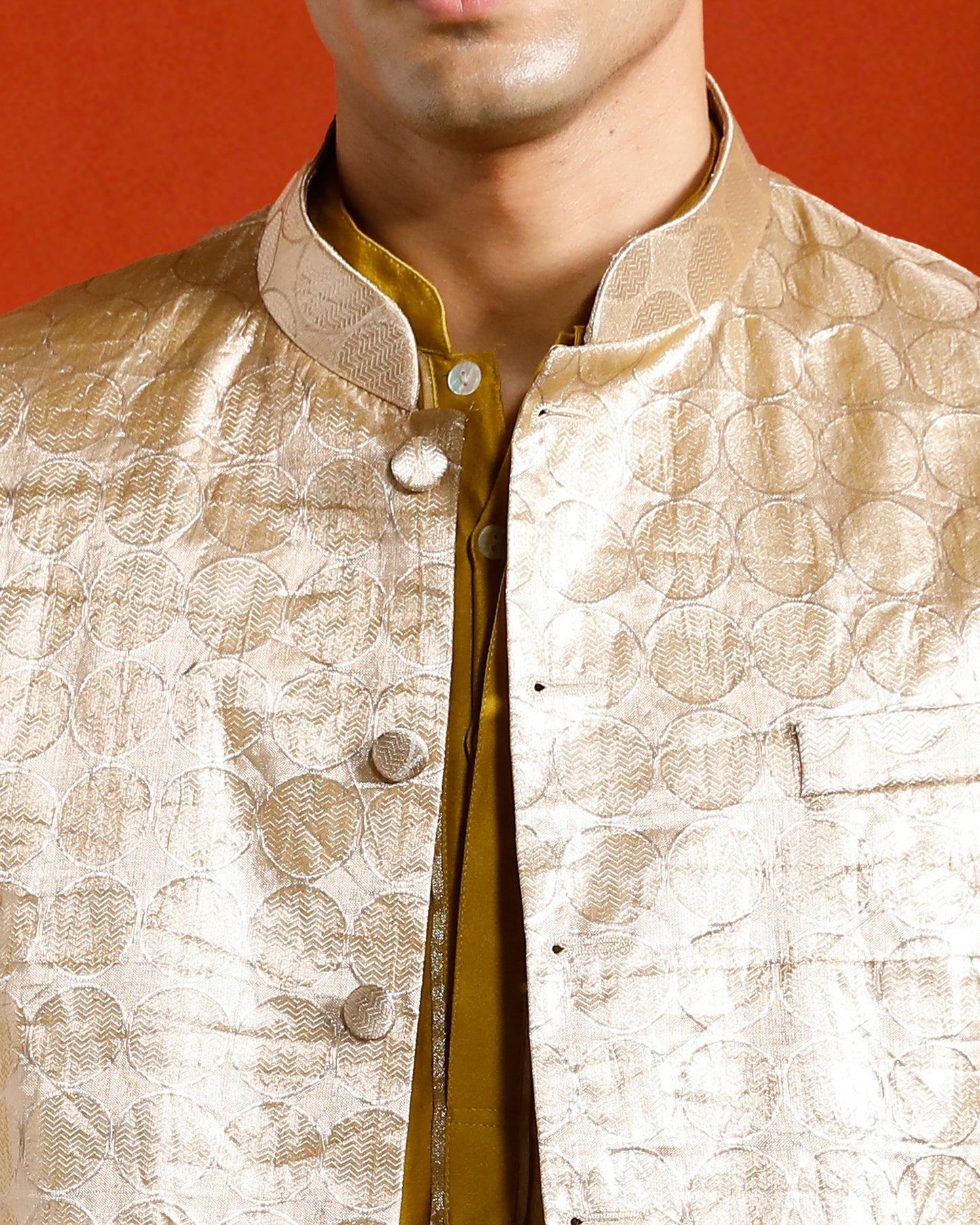 Silver Pure Tissue Brocade Circular Motif Bandi- Yellow Hue