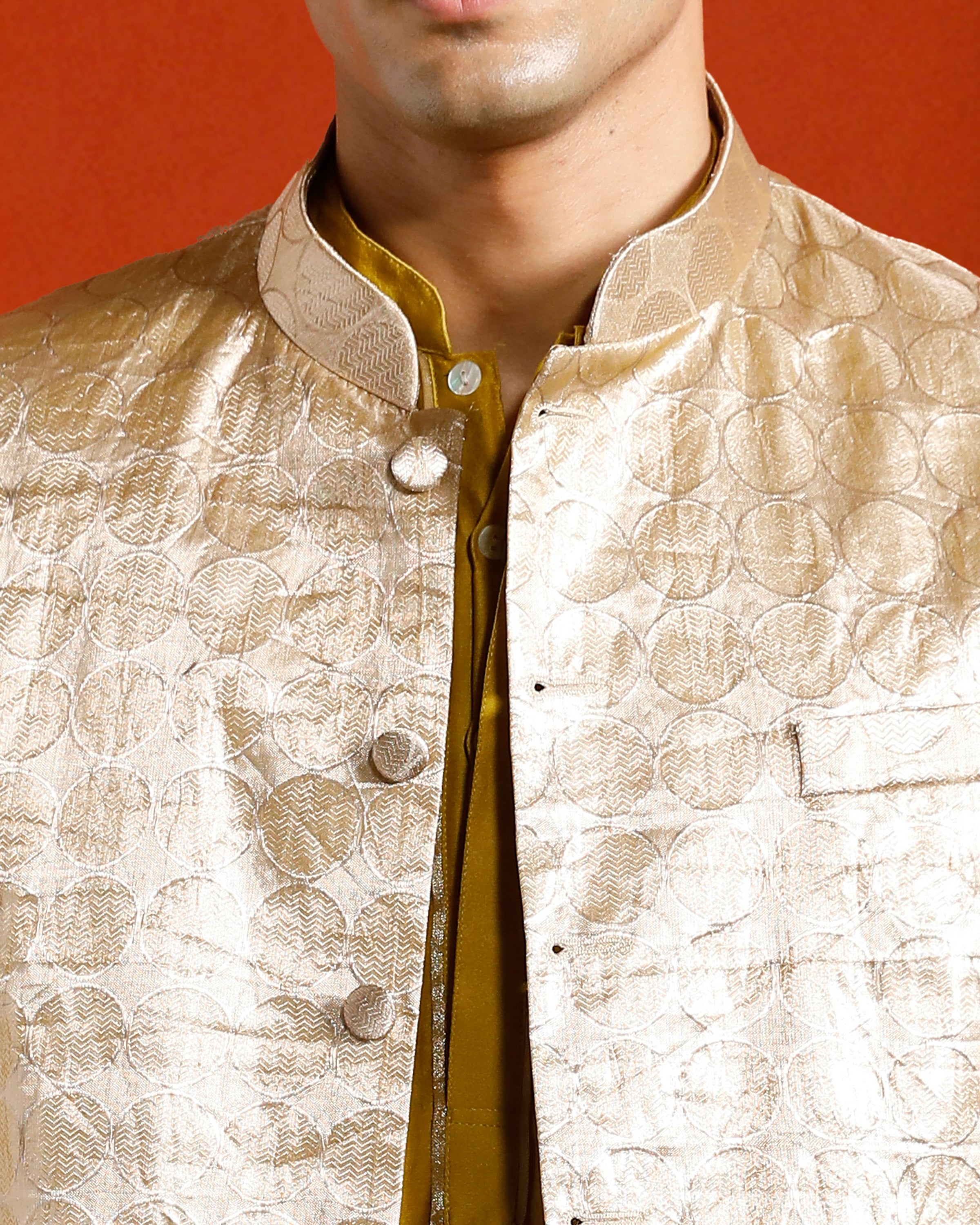 Silver Pure Tissue Brocade Circular Motif Bandi- Yellow Hue