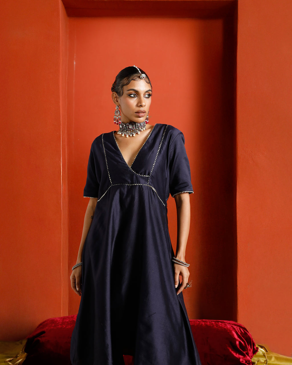 Midnight Blue Black Pure Chanderi Semi Angrakha