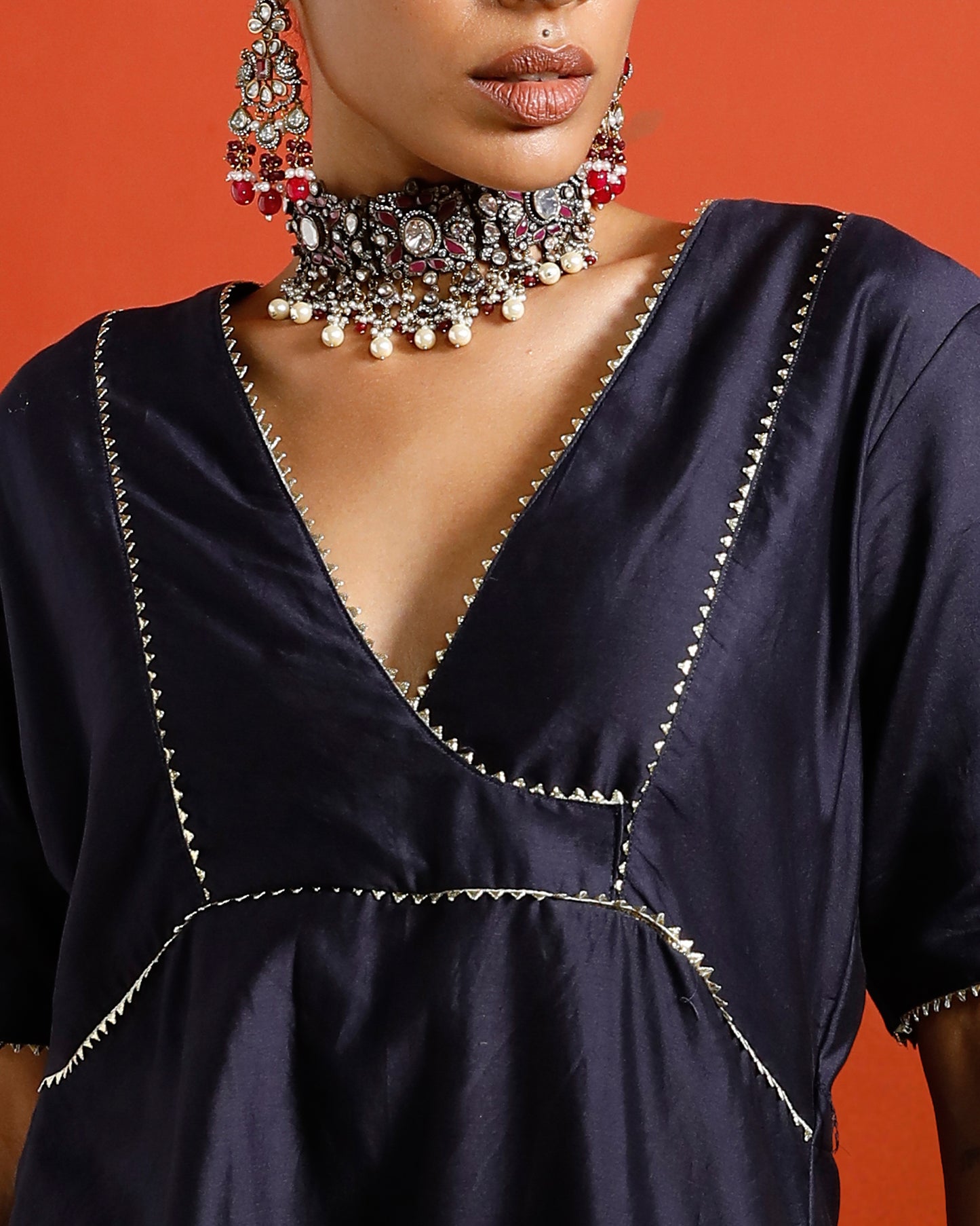 Midnight Blue Black Pure Chanderi Semi Angrakha