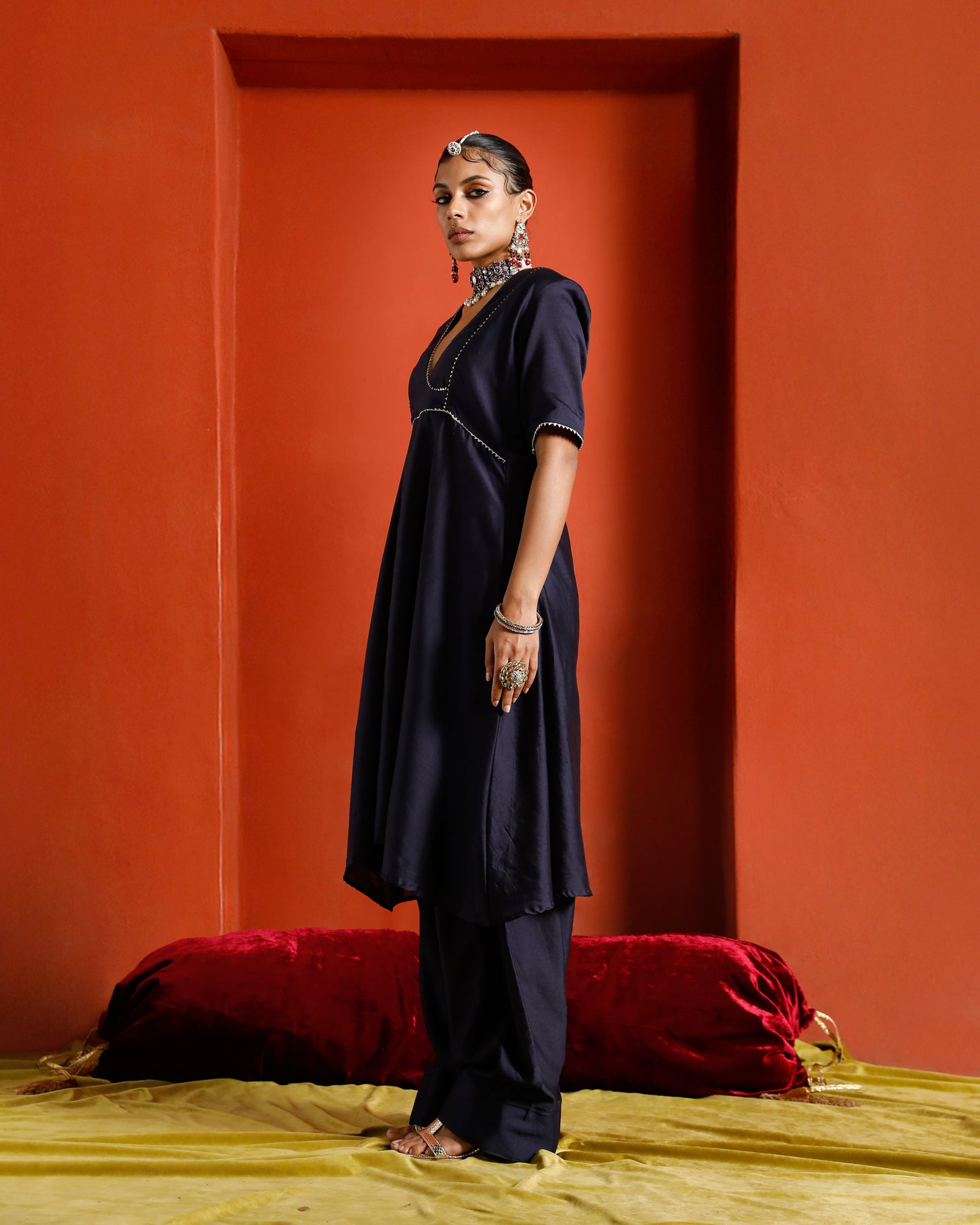 Midnight Blue Black Pure Chanderi Semi Angrakha