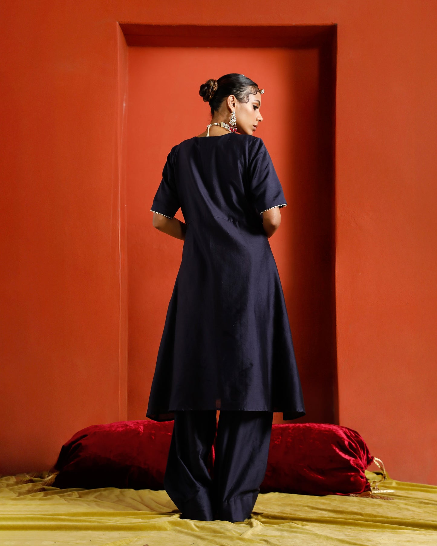 Midnight Blue Black Pure Chanderi Semi Angrakha