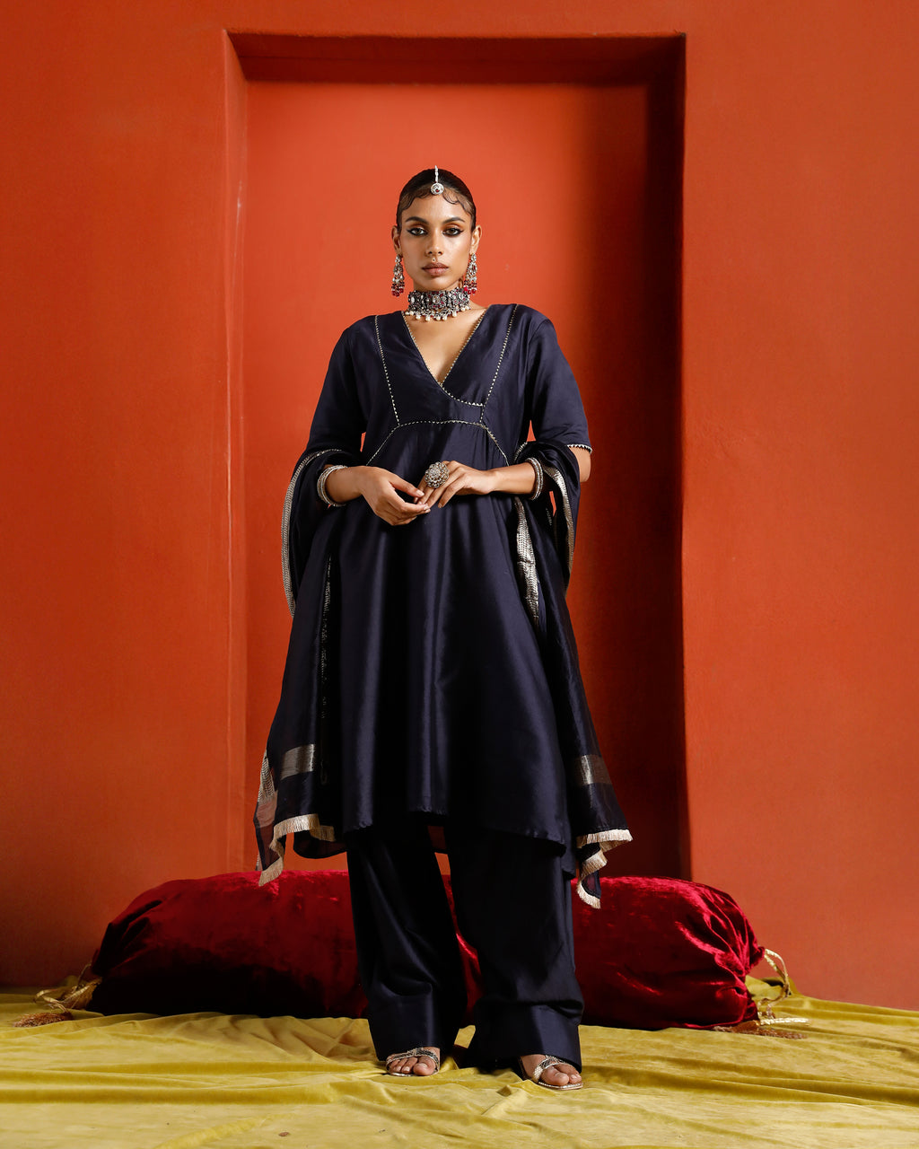Midnight Blue Black Pure Chanderi Semi Angrakha