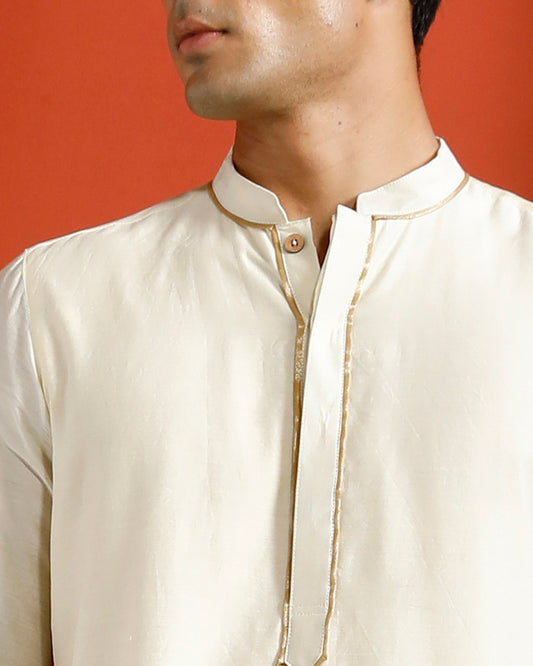 Off white Pure Chanderi Kurta With Gold Piping On Hidden Placket