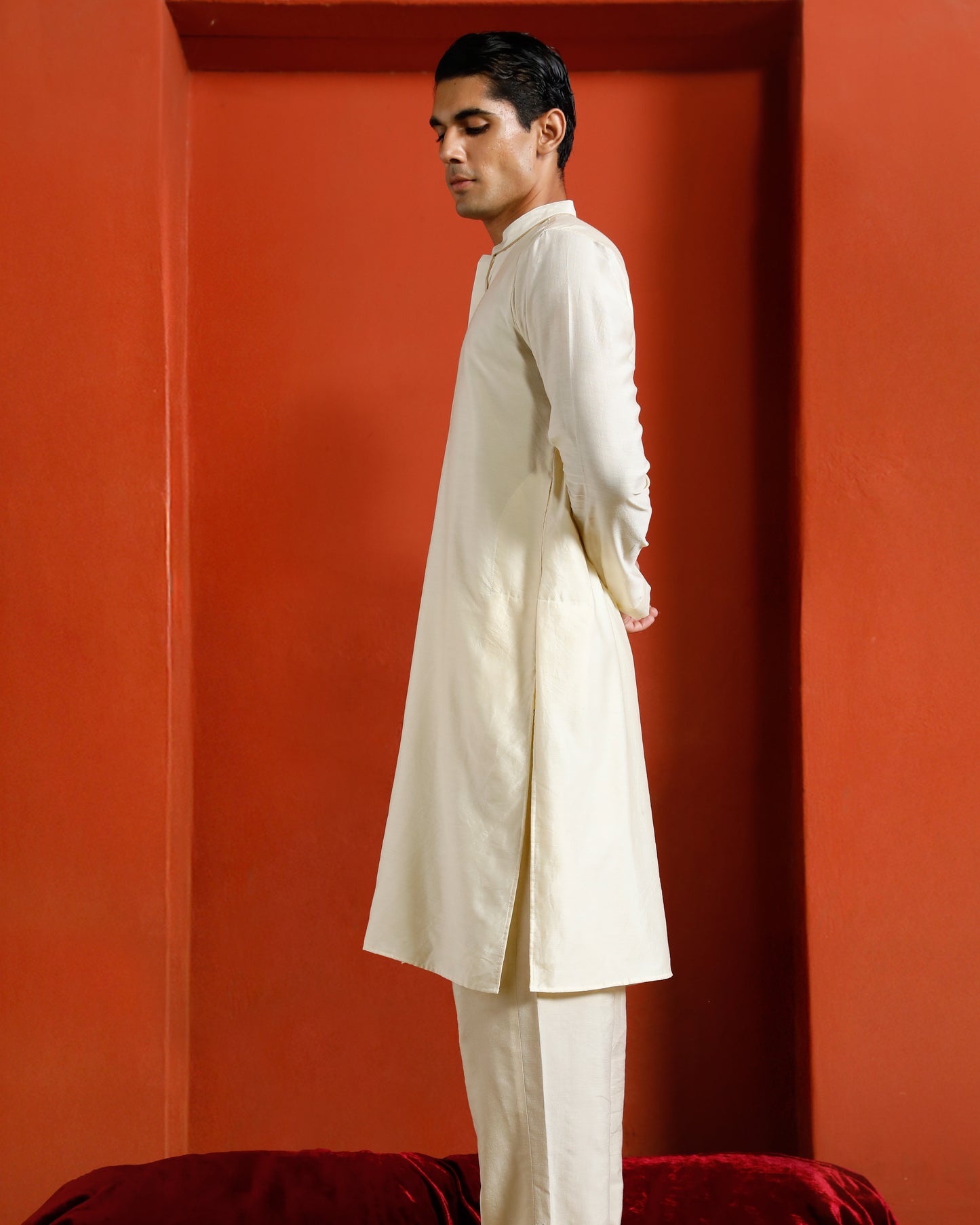 Off white Pure Chanderi Kurta With Gold Piping On Hidden Placket