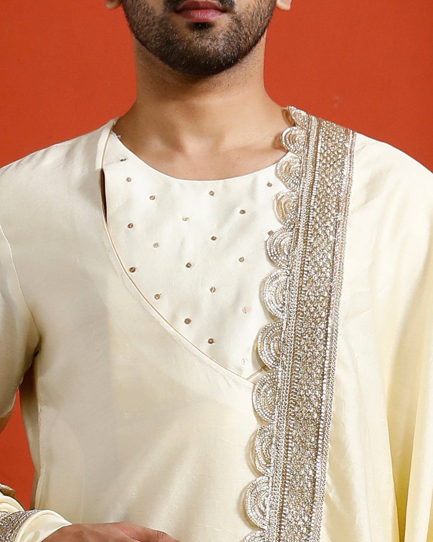 Off White Pure Chanderi Lohi With Lace Border