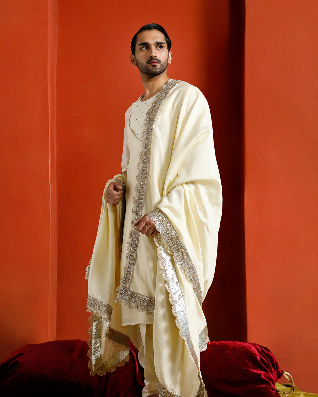 Off White Pure Chanderi Lohi With Lace Border