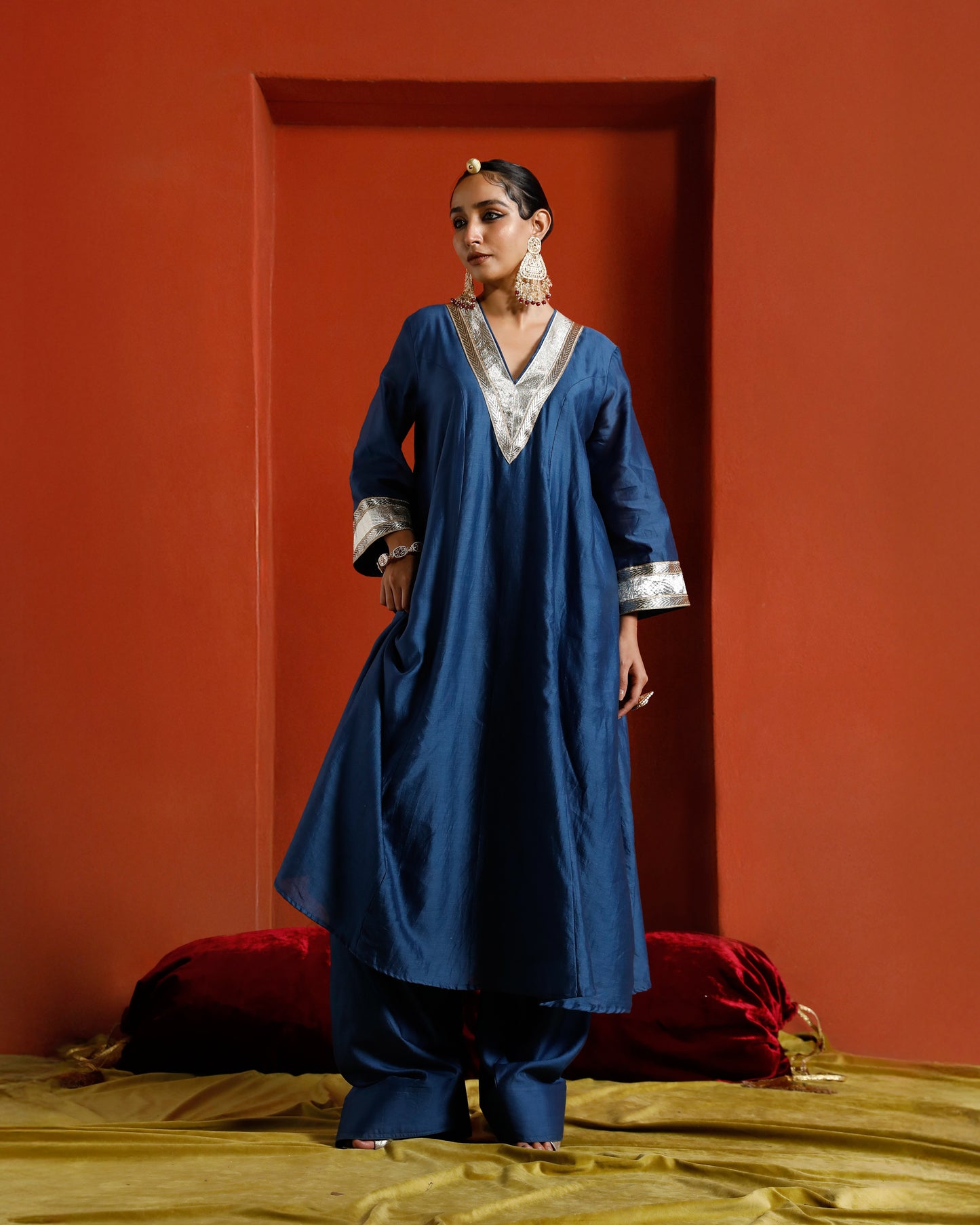 Blue Pure Chanderi Kaftan Kurta With Gota Patti