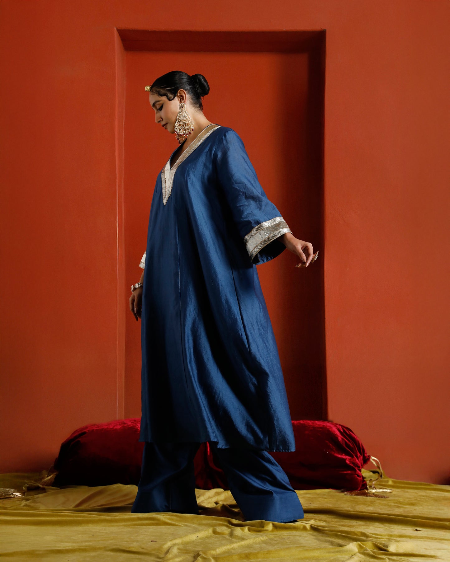 Blue Pure Chanderi Kaftan Kurta With Gota Patti