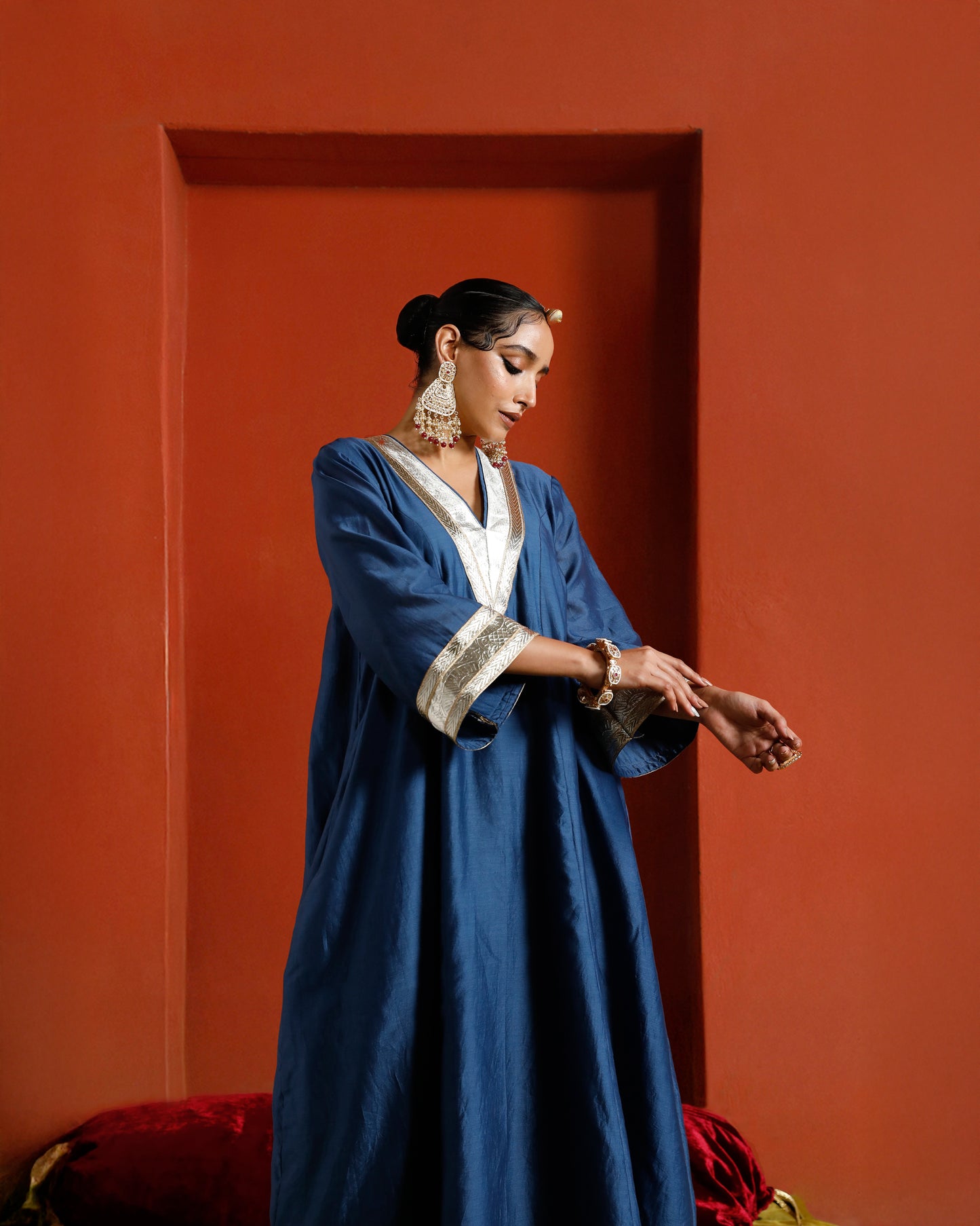 Blue Pure Chanderi Kaftan Kurta With Gota Patti