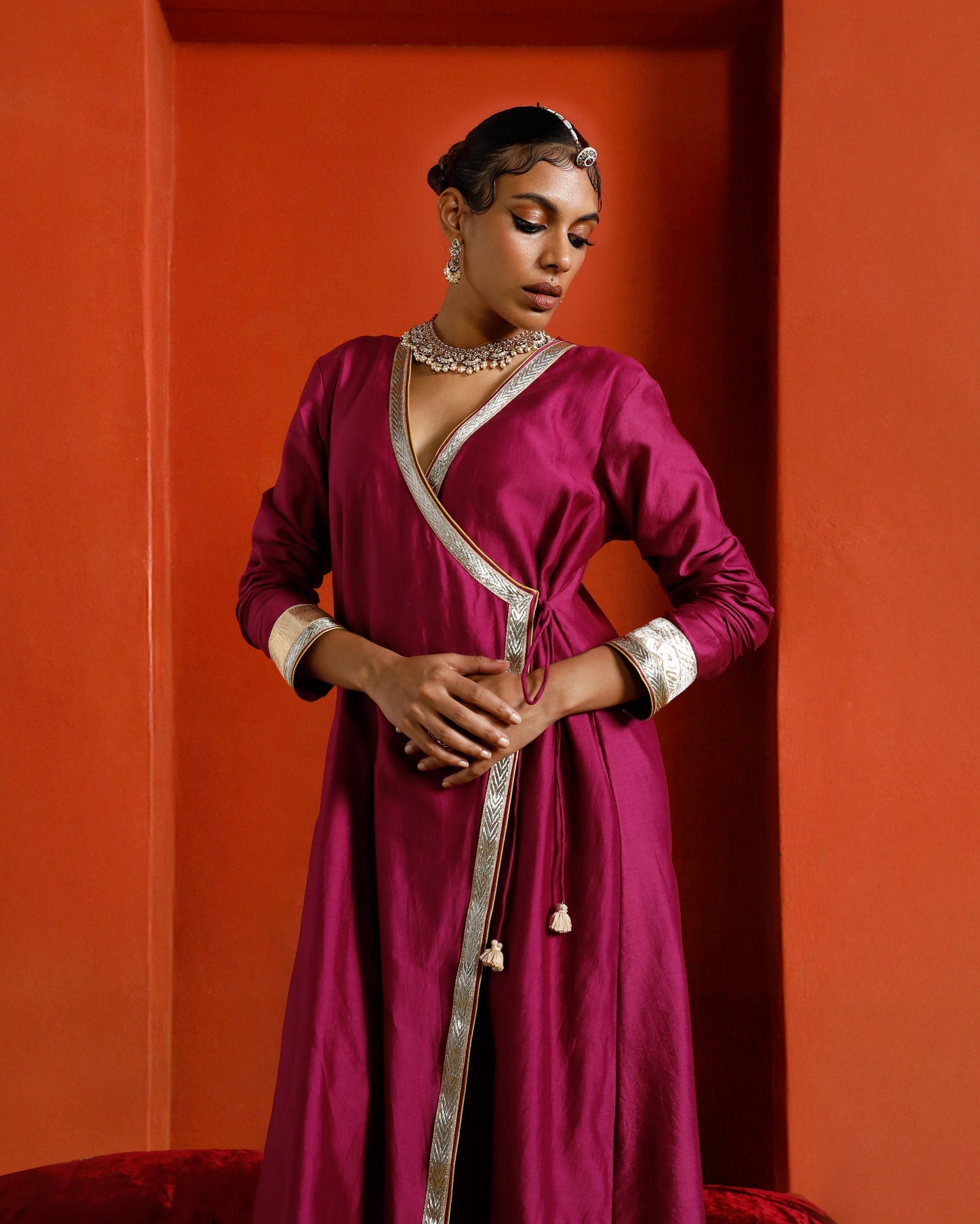 Pink Pure Chanderi Angrakha With Gota Patti