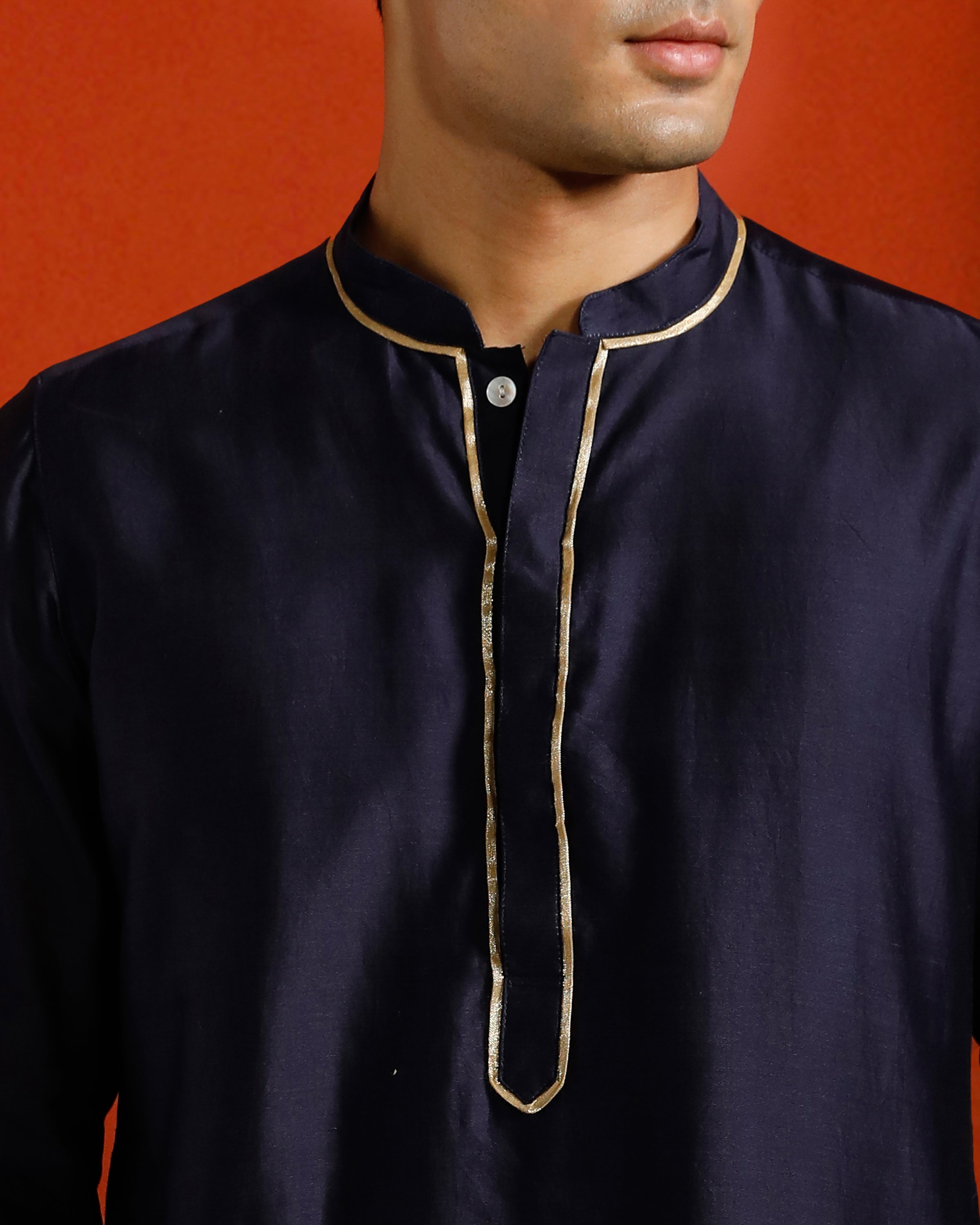 Midnight Blue Black Pure Chanderi Kurta With Gold Piping On Hidden Placket