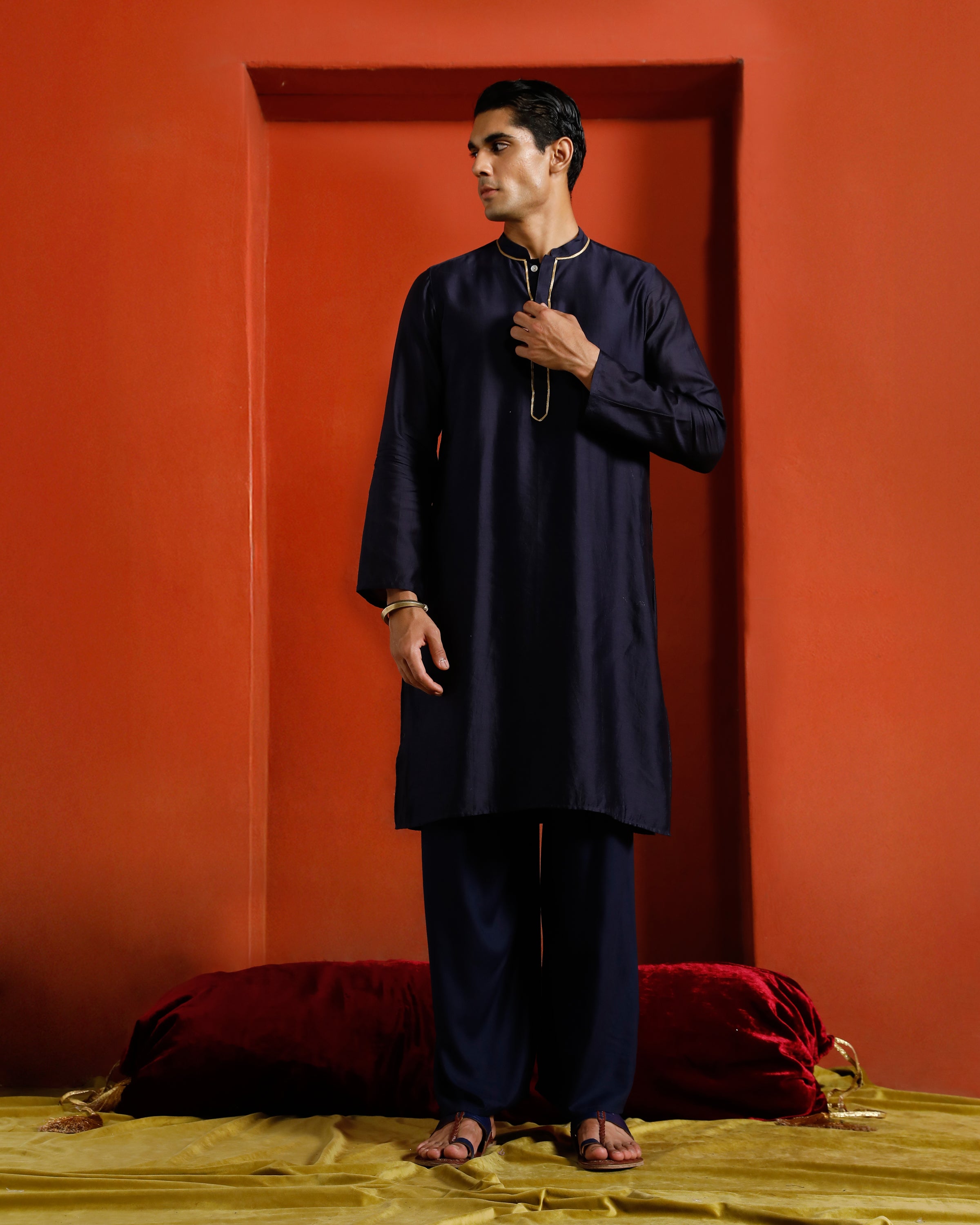 Midnight Blue Black Pure Chanderi Kurta With Gold Piping On Hidden Placket