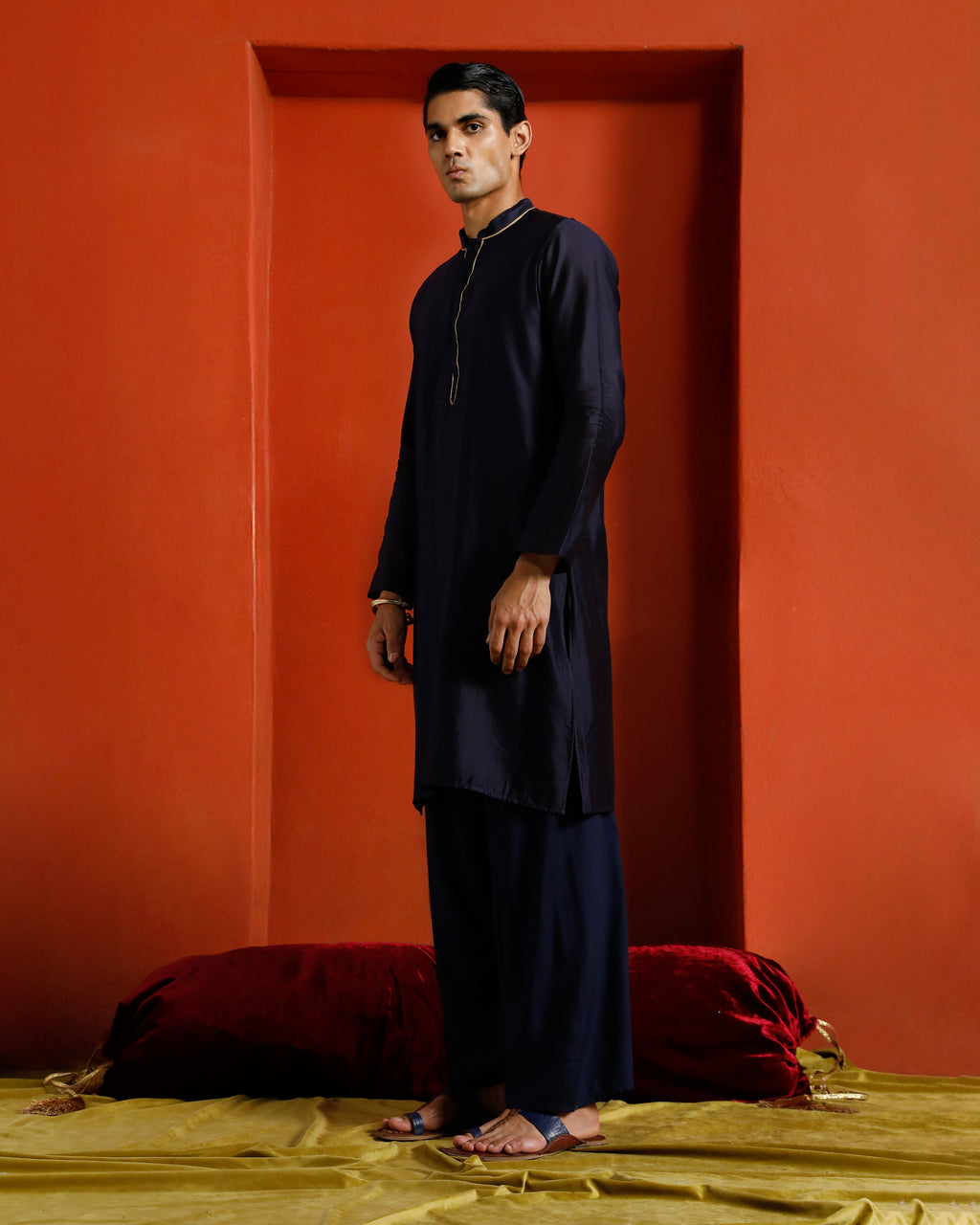 Midnight Blue Black Pure Chanderi Kurta With Gold Piping On Hidden Placket