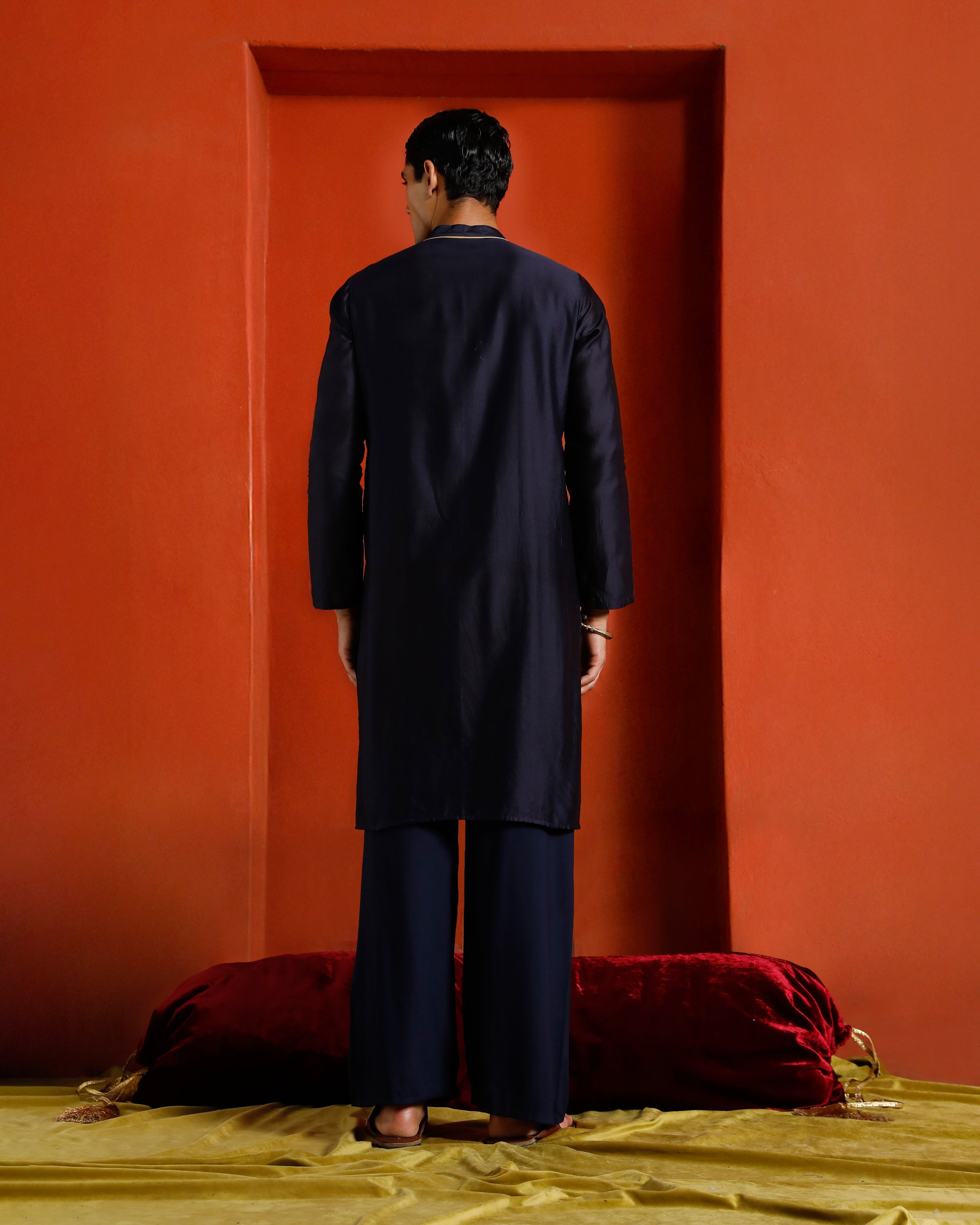 Midnight Blue Black Pure Chanderi Kurta With Gold Piping On Hidden Placket