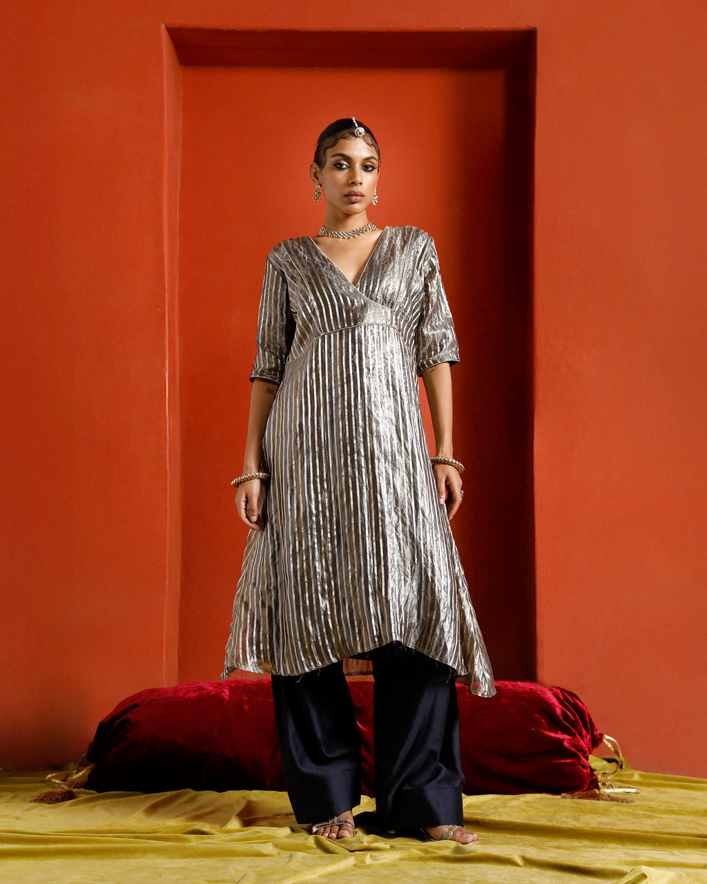 Silver Pure Tissue Brocade Semi Angrakha