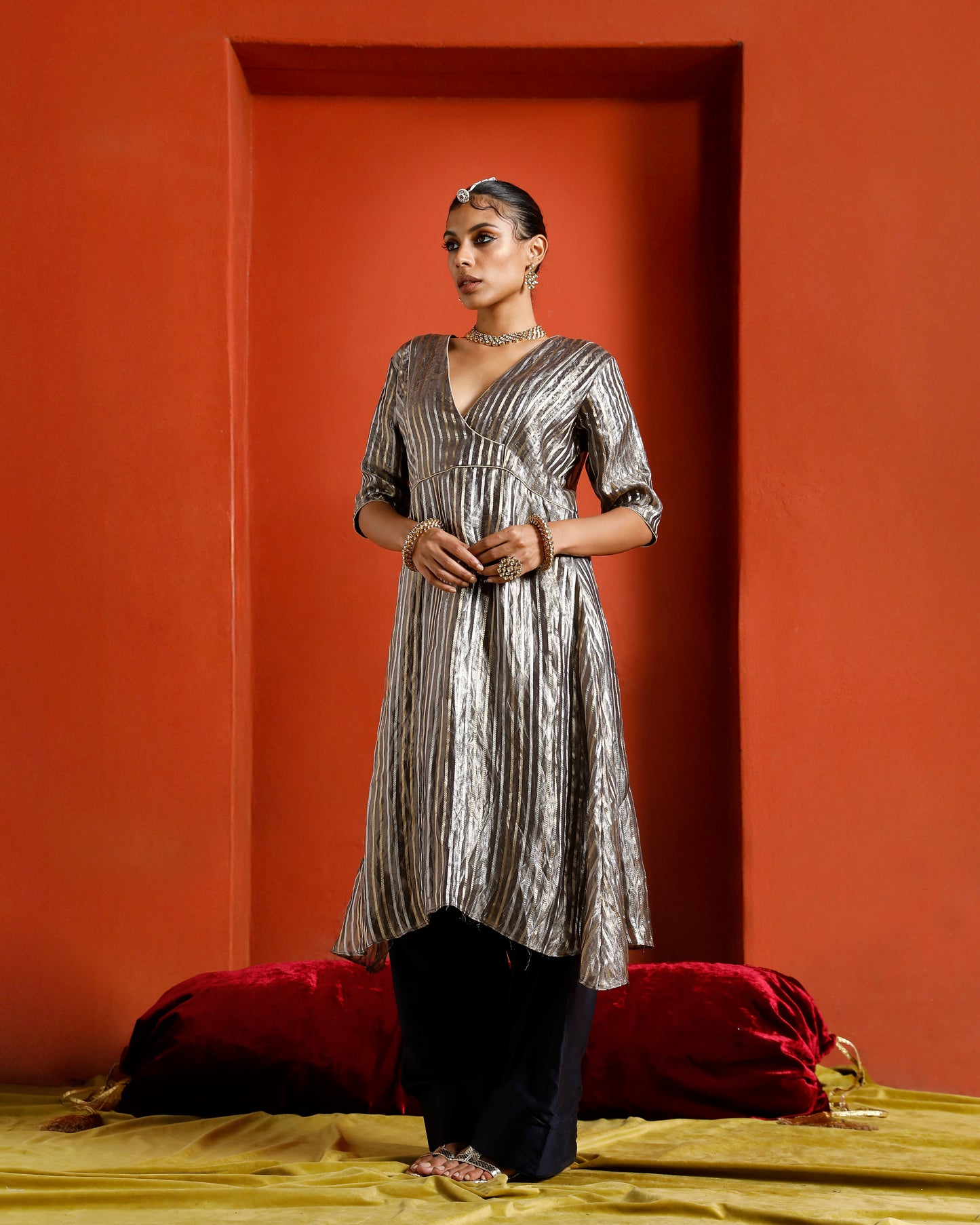 Silver Pure Tissue Brocade Semi Angrakha