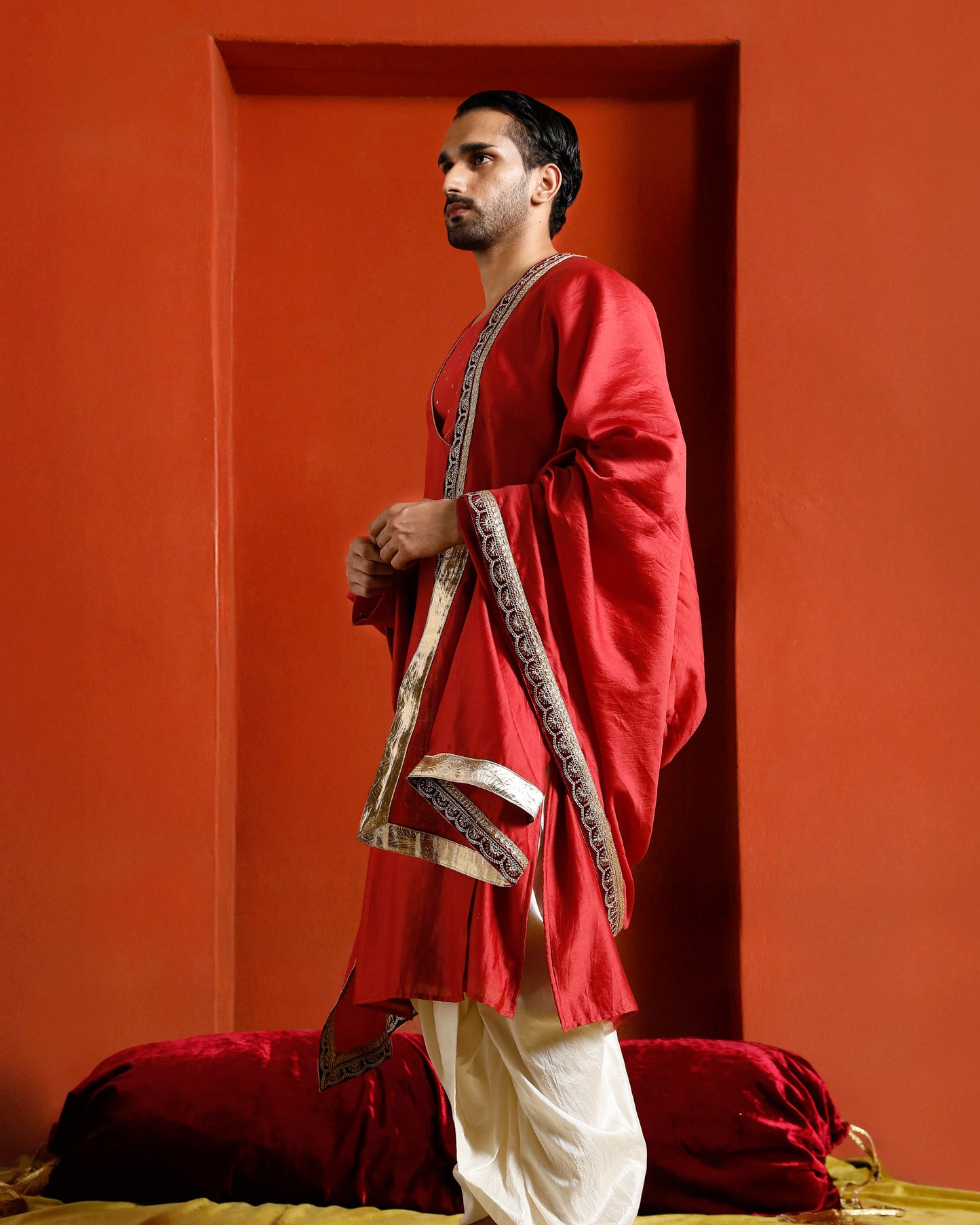 Red Pure Chanderi Lohi With Lace And Velvet Border