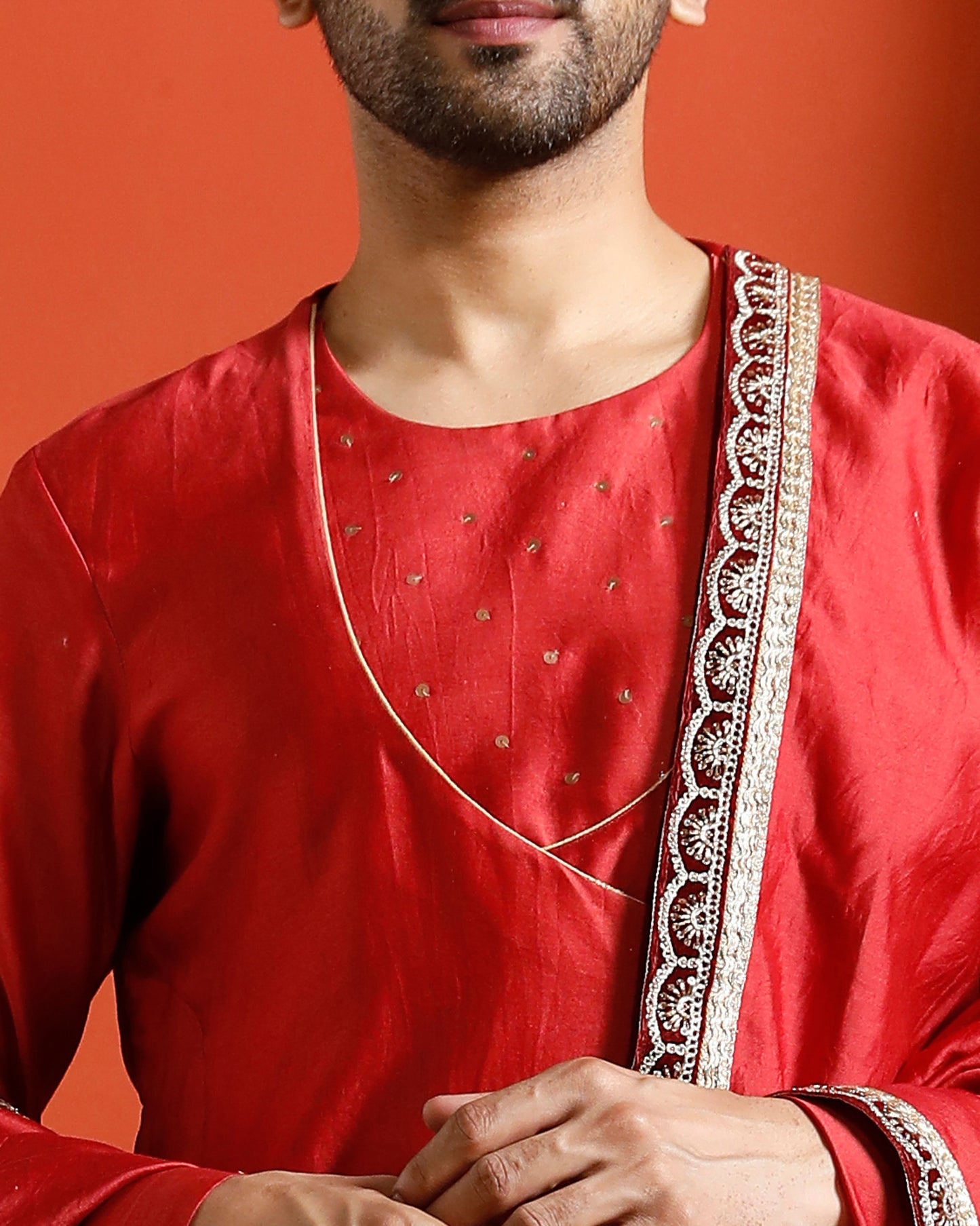 Red Pure Chanderi Lohi With Lace And Velvet Border