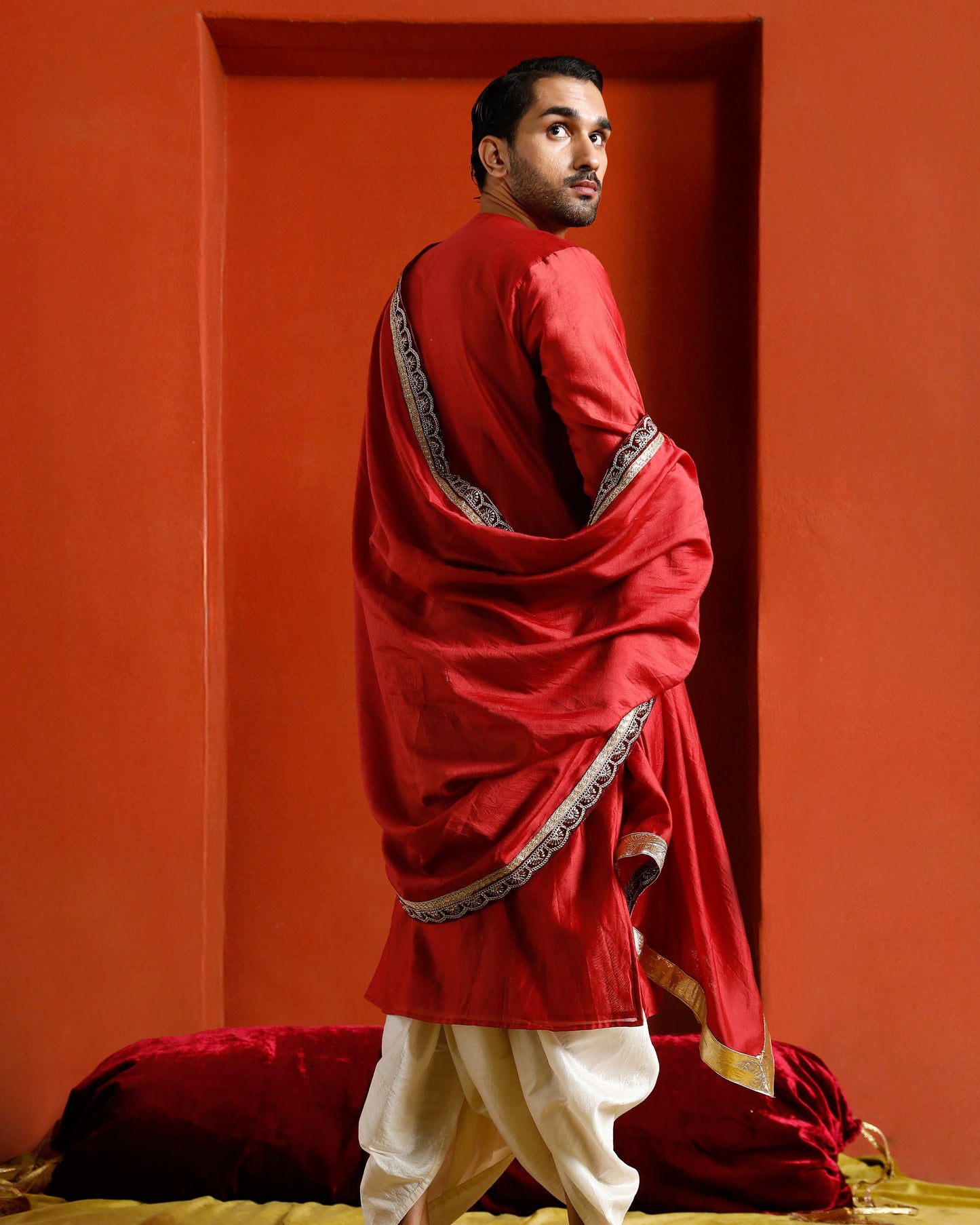 Red Pure Chanderi Lohi With Lace And Velvet Border