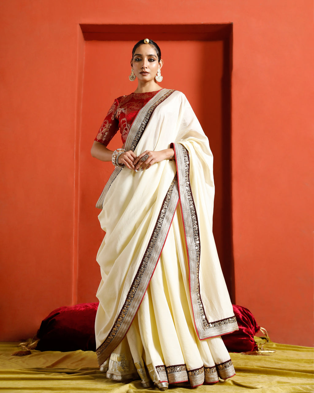 Off White Pure Chanderi Saree With Velvet And Gold Border