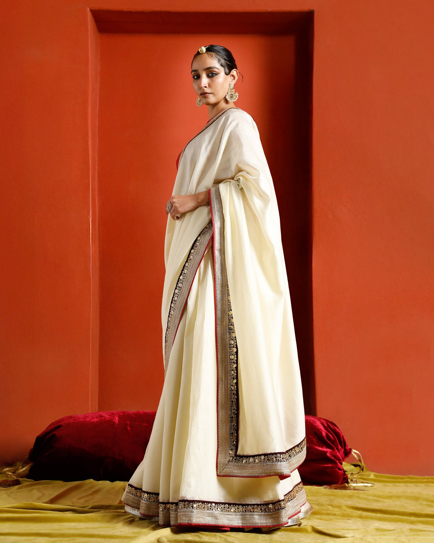 Off White Pure Chanderi Saree With Velvet And Gold Border