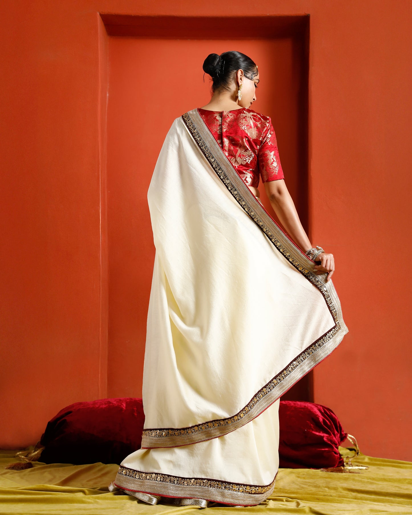 Off White Pure Chanderi Saree With Velvet And Gold Border