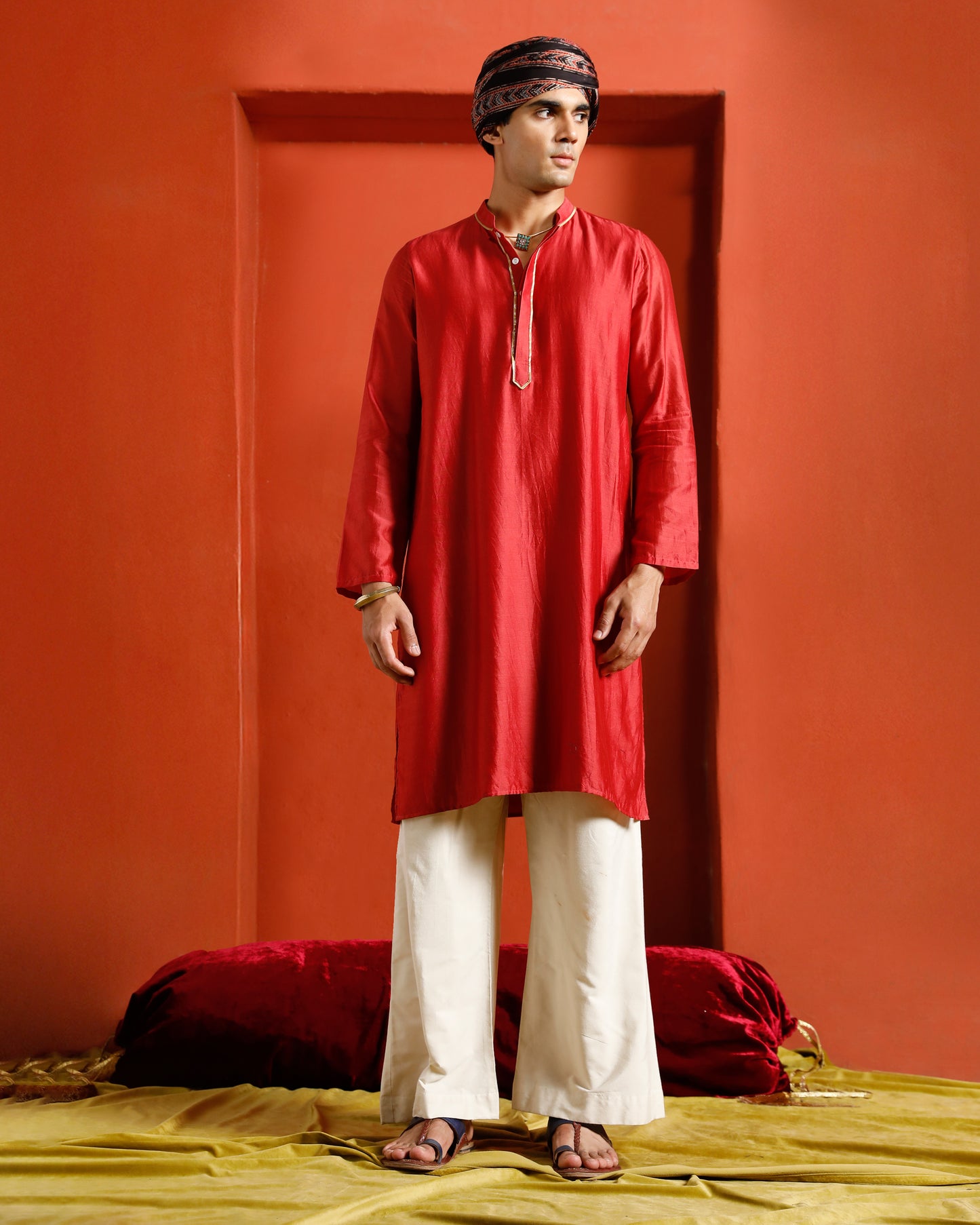 Red Pure Chanderi Kurta With Gold Piping On Hidden Placket