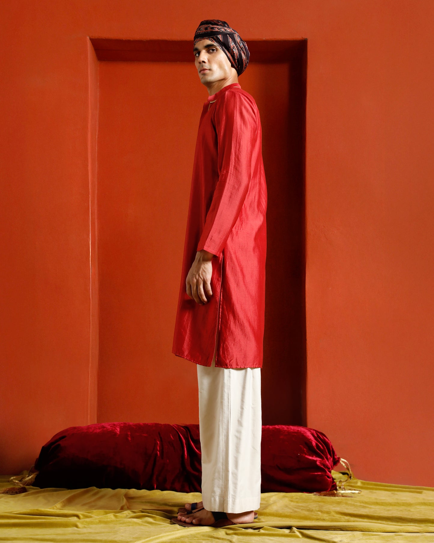 Red Pure Chanderi Kurta With Gold Piping On Hidden Placket