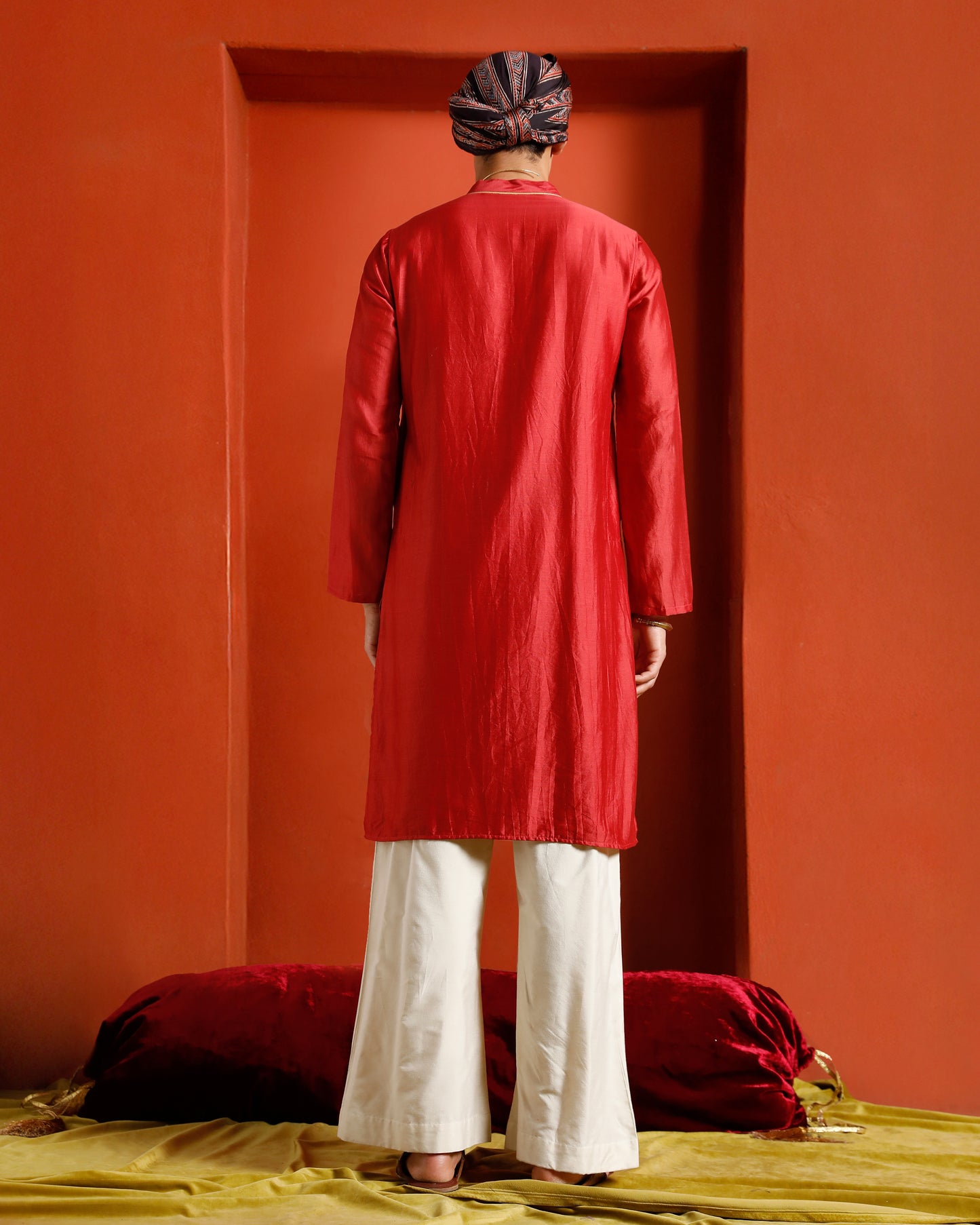 Red Pure Chanderi Kurta With Gold Piping On Hidden Placket