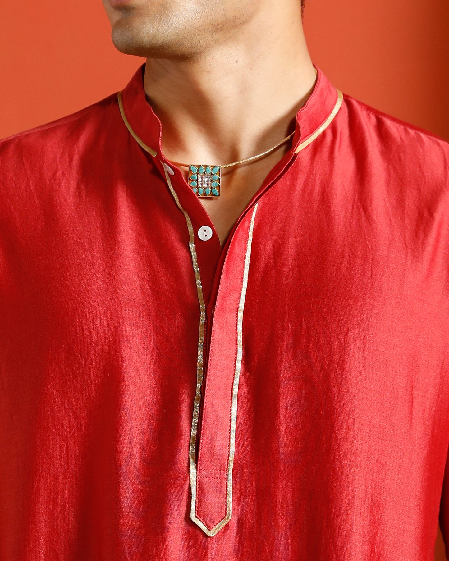 Red Pure Chanderi Kurta With Gold Piping On Hidden Placket