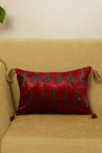 Darakht Red Velvet Ajrakh Rectangle Cushion Cover