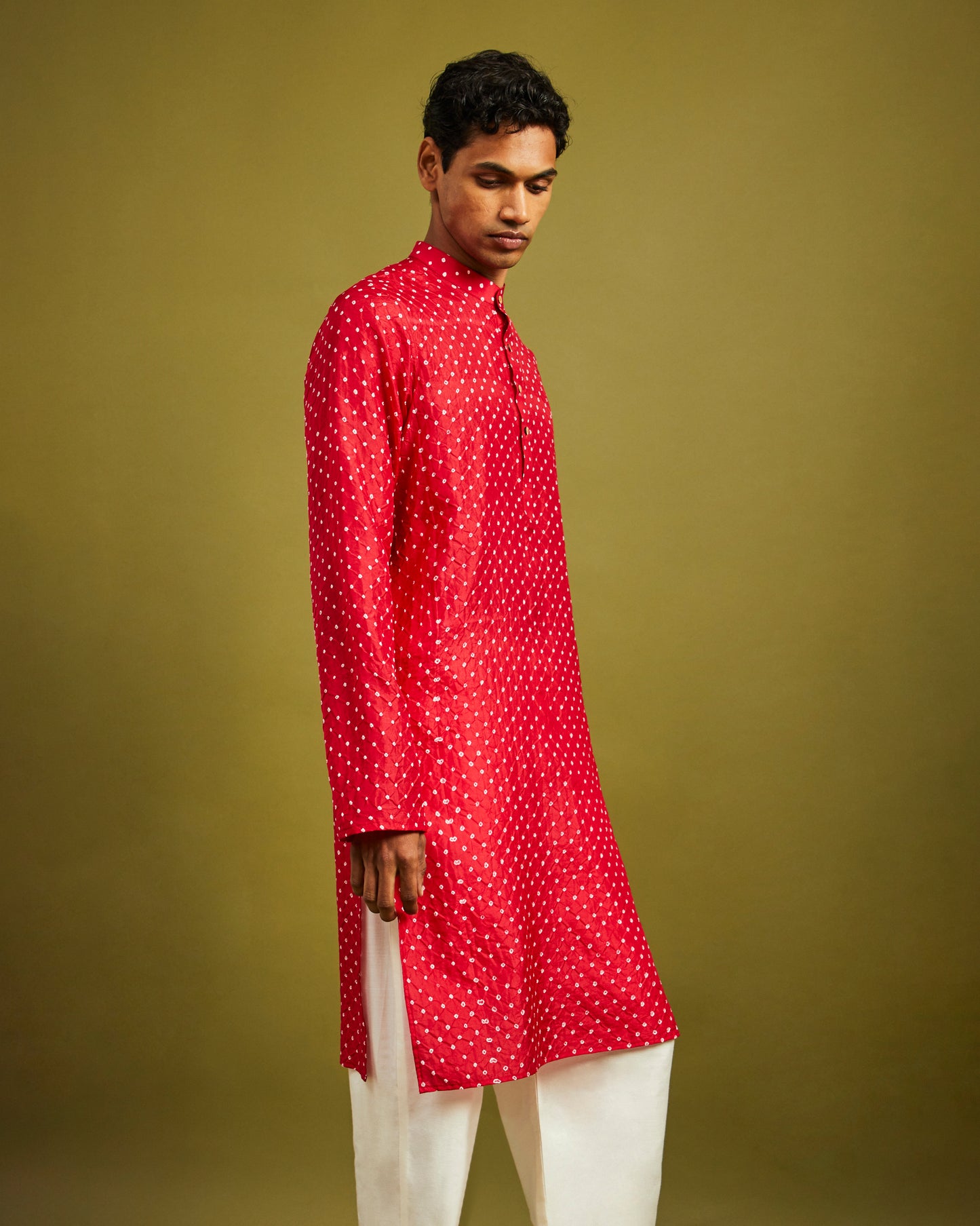 Mens Rai Bandhej Ekdana Mulberry Silk Red Kurta