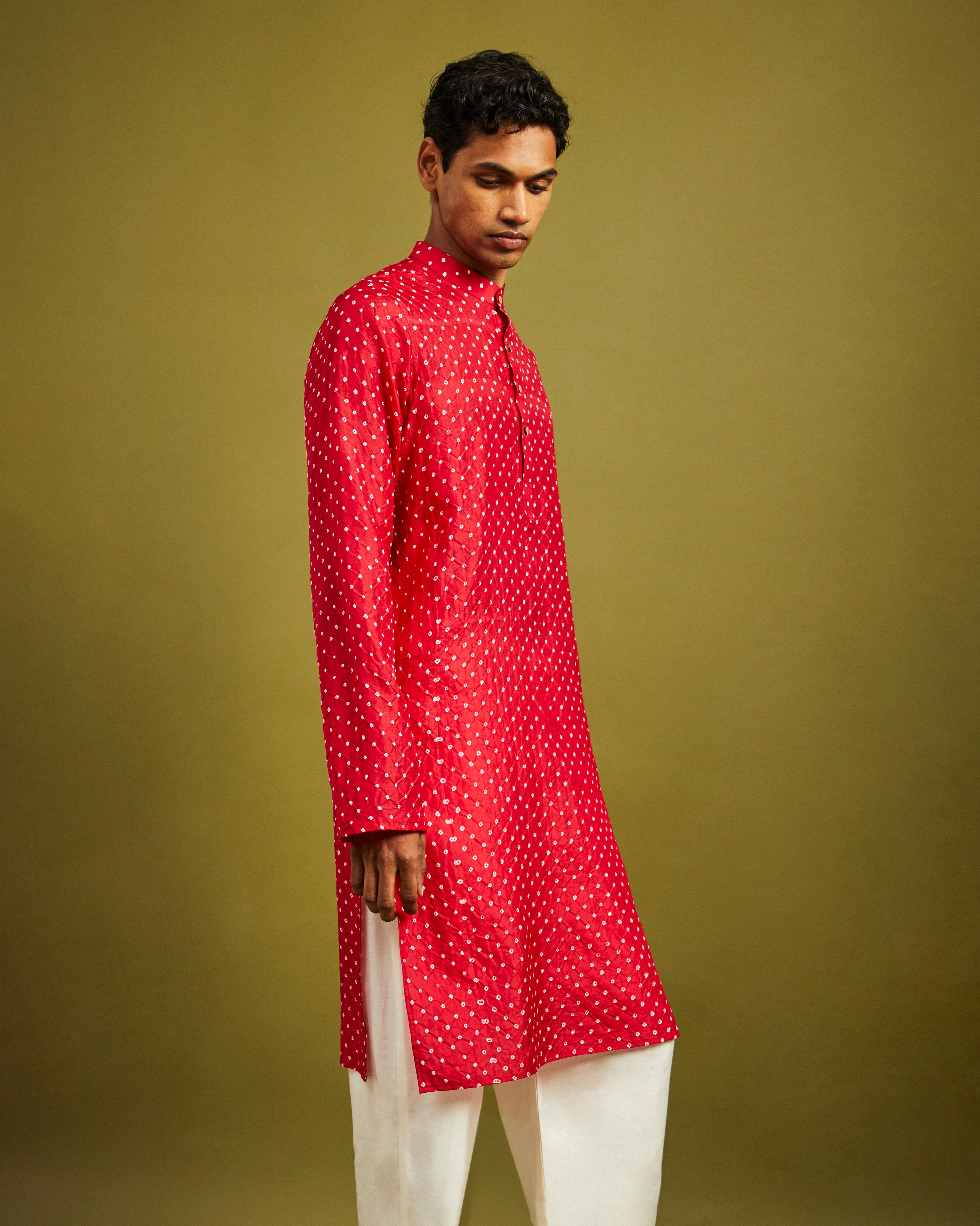Mens Rai Bandhej Ekdana Mulberry Silk Red Kurta
