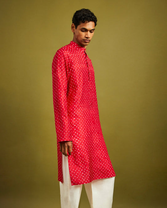 Mens Rai Bandhej Ekdana Mulberry Silk Red Kurta