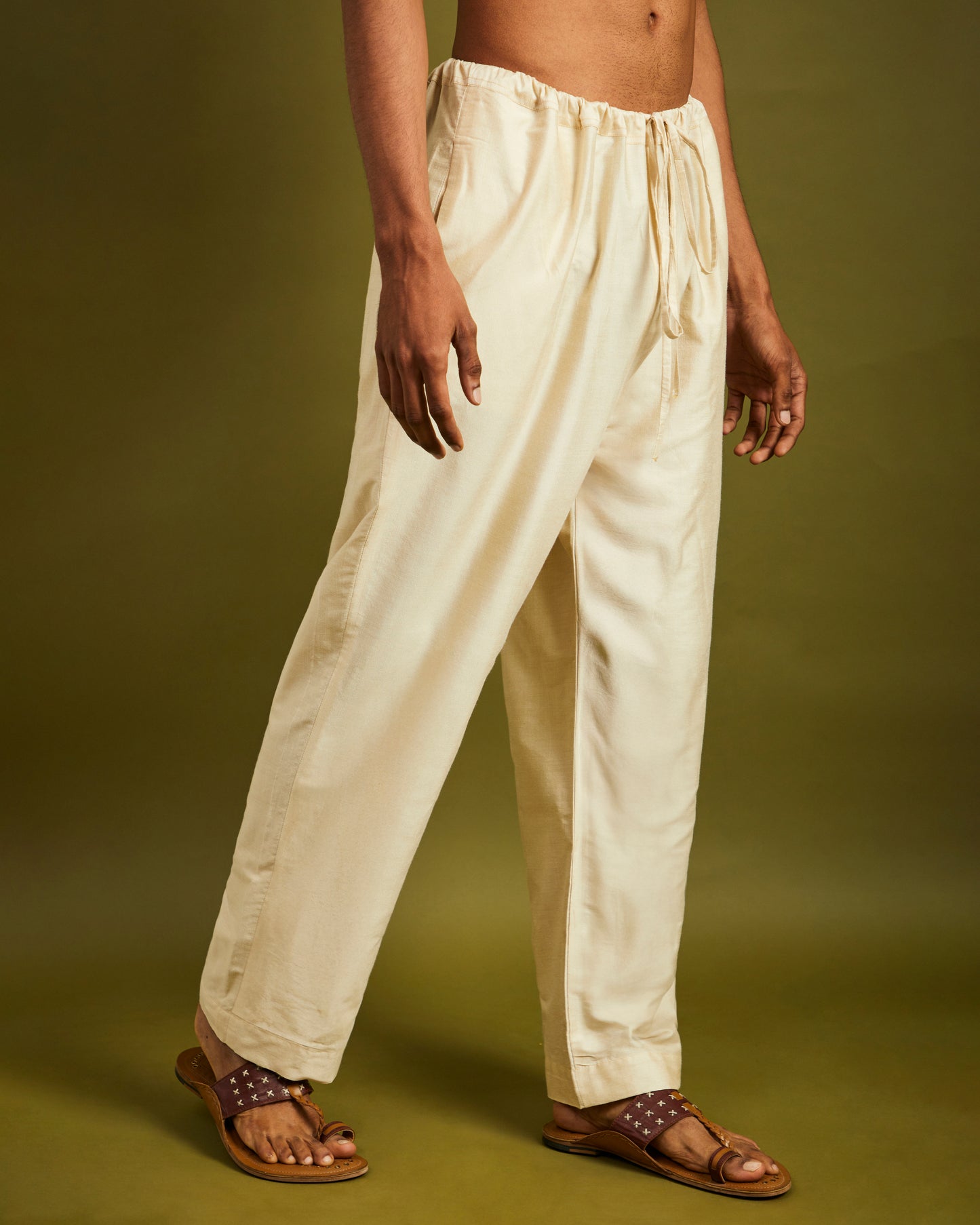 Cream Straight Pants with Drawstrings