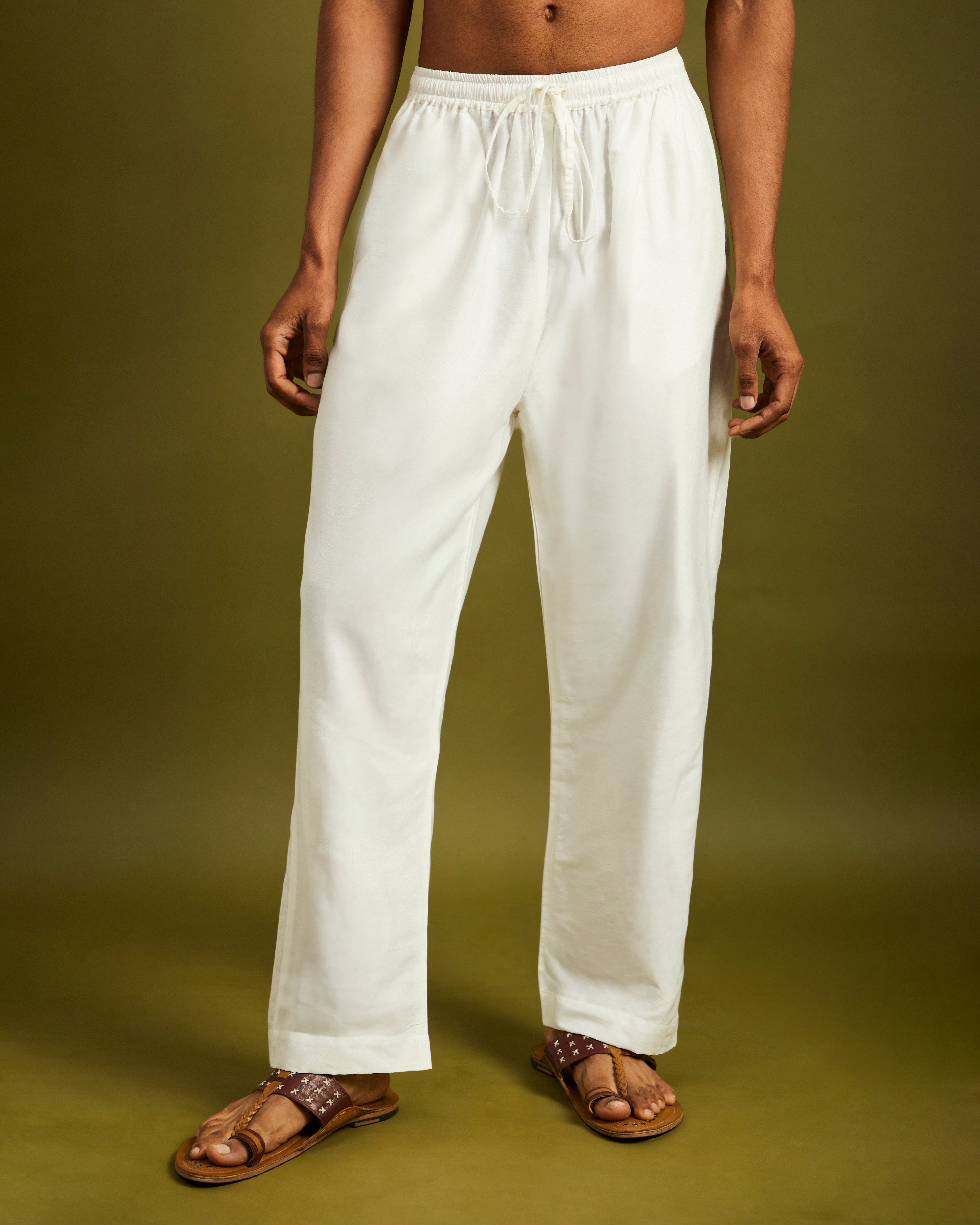 White Straight Pants Elastic with Drawstrings
