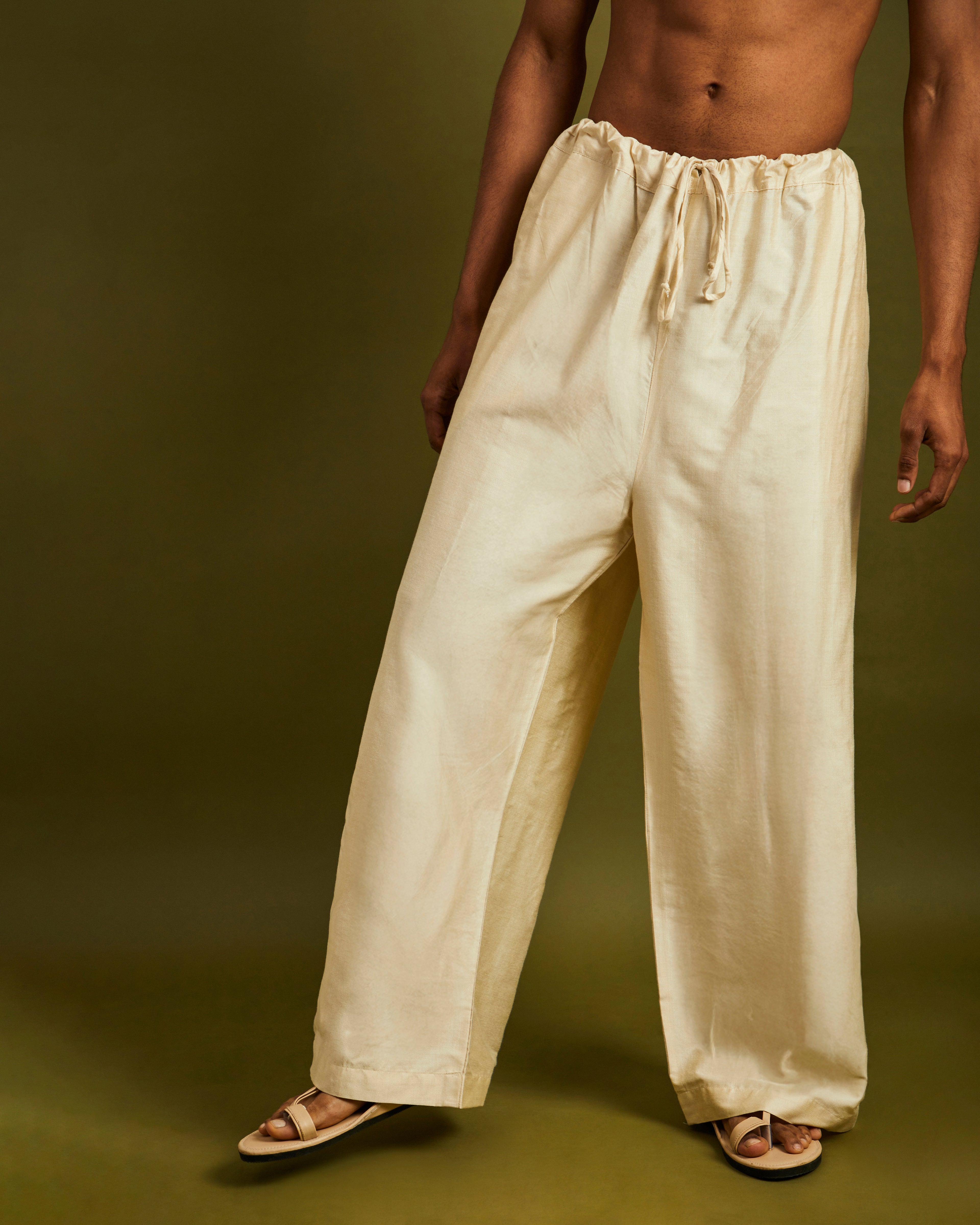 Cream Wide Leg Pants with Drawstrings