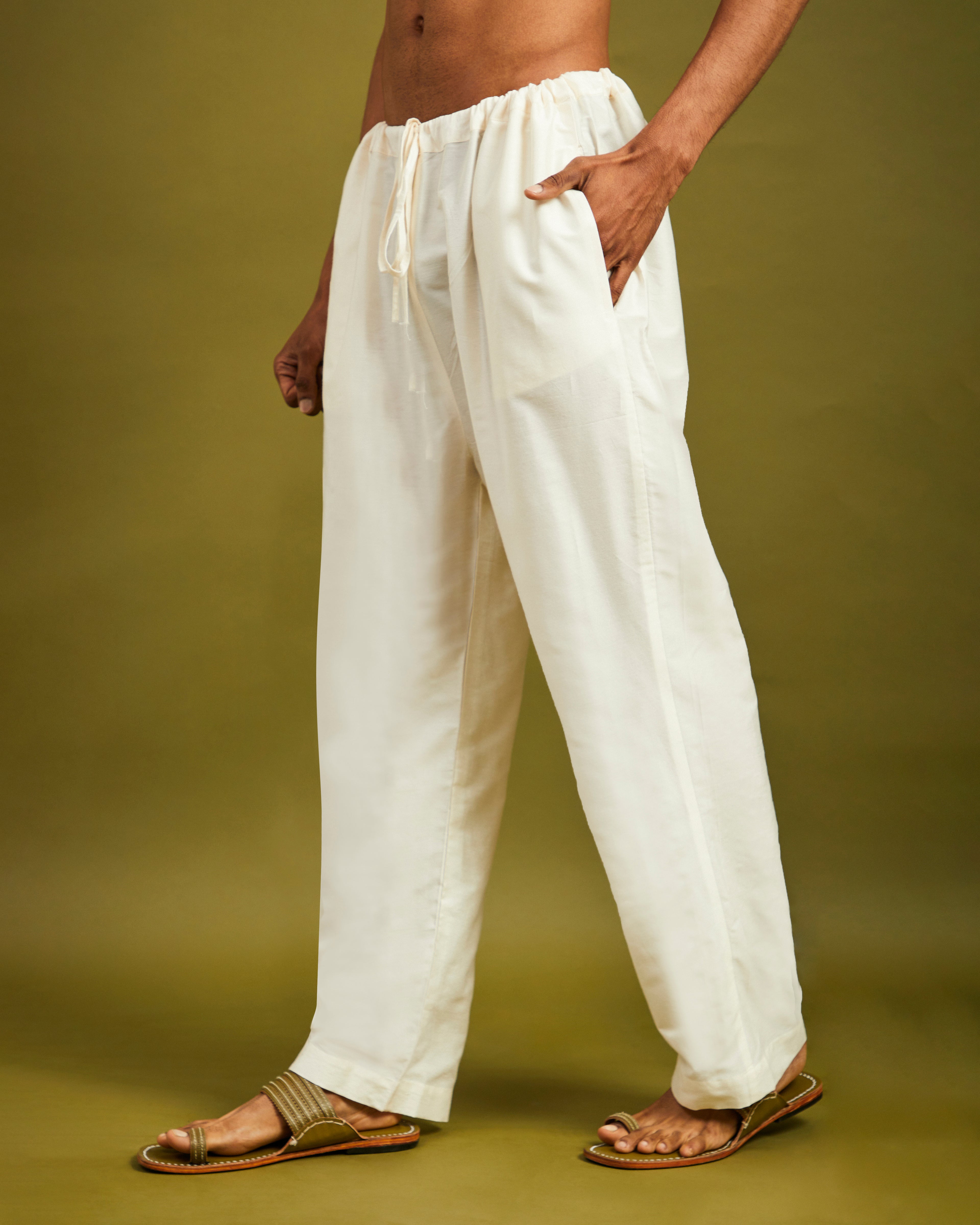 Off White Straight Pants with Drawstrings