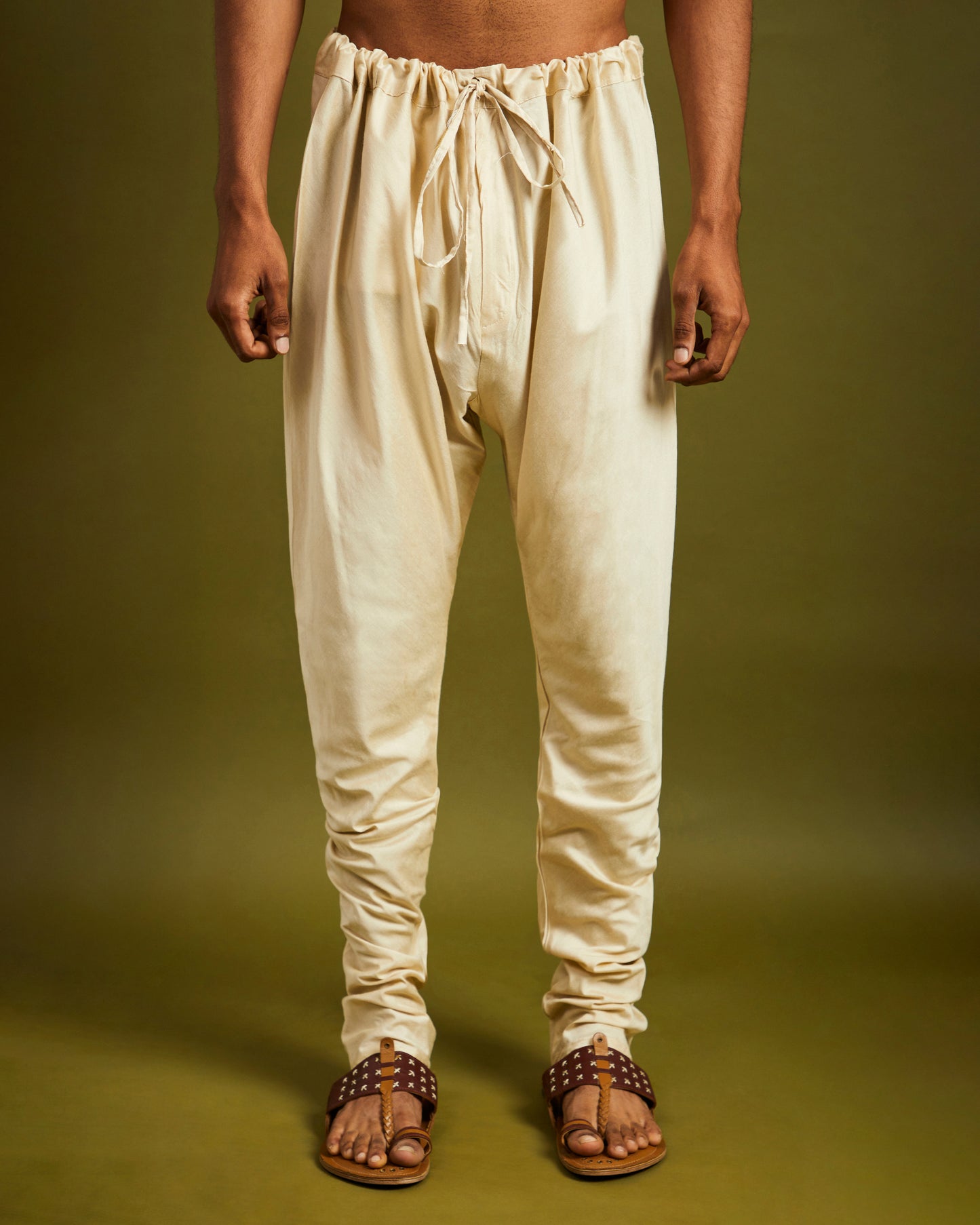 Cream Churidaar Pants with Drawstrings